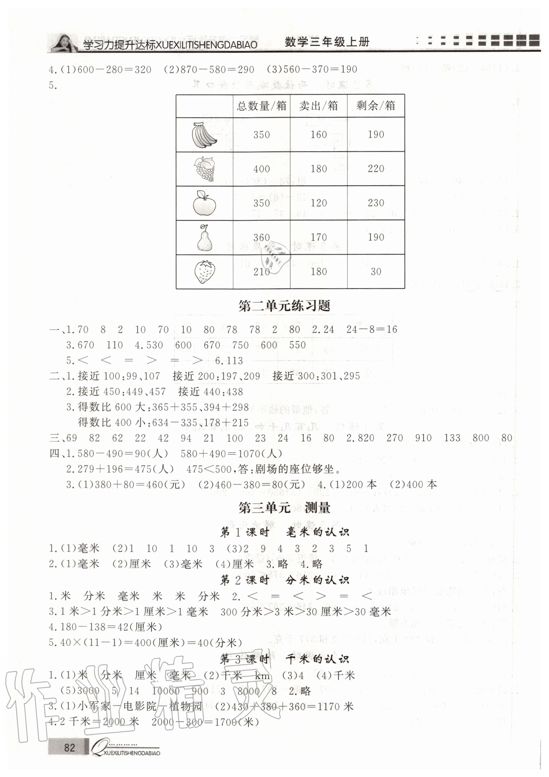 2020年花山小狀元學(xué)習力提升達標三年級數(shù)學(xué)上冊人教版 參考答案第3頁