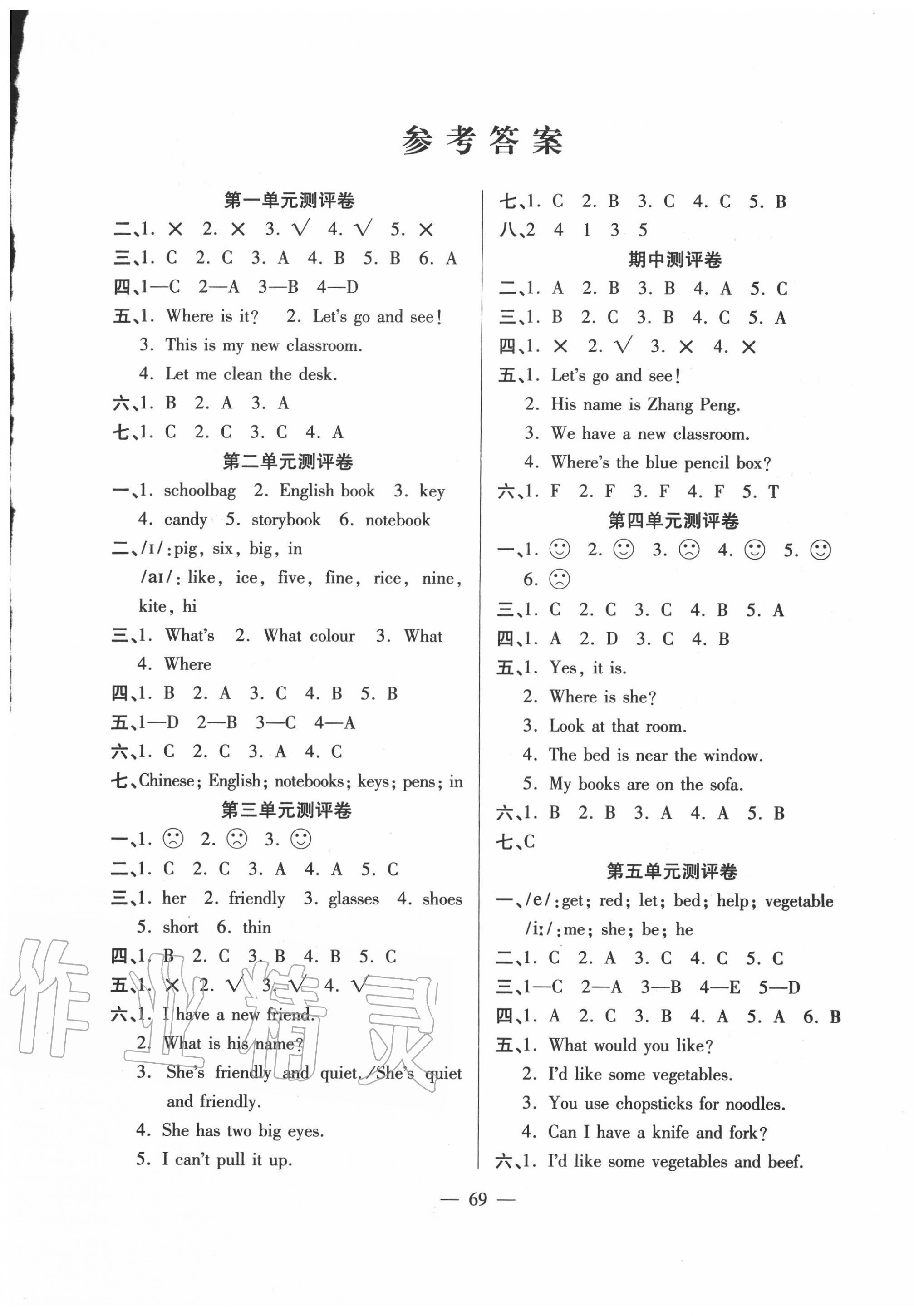 2020年輕松練專項(xiàng)期末復(fù)習(xí)卷四年級英語上冊人教PEP版 參考答案第1頁