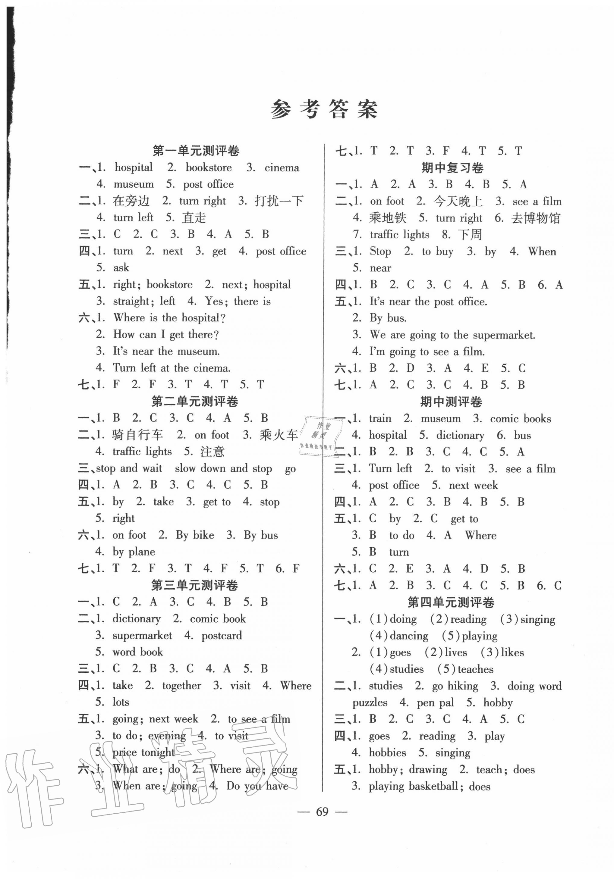 2020年輕松練專項期末復習卷六年級英語上冊人教PEP版 參考答案第1頁