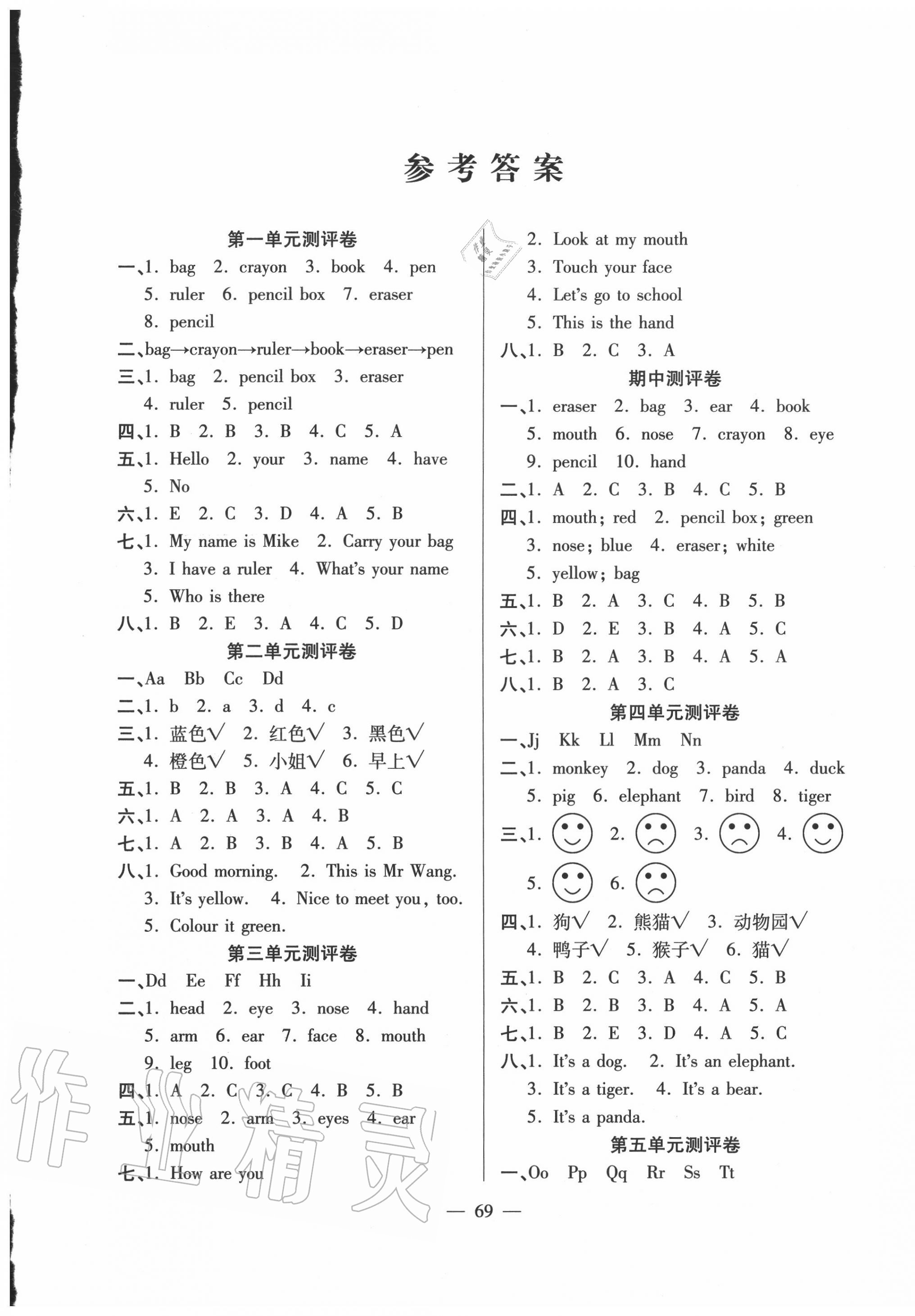 2020年輕松練專項(xiàng)期末復(fù)習(xí)卷三年級英語上冊人教PEP版 參考答案第1頁