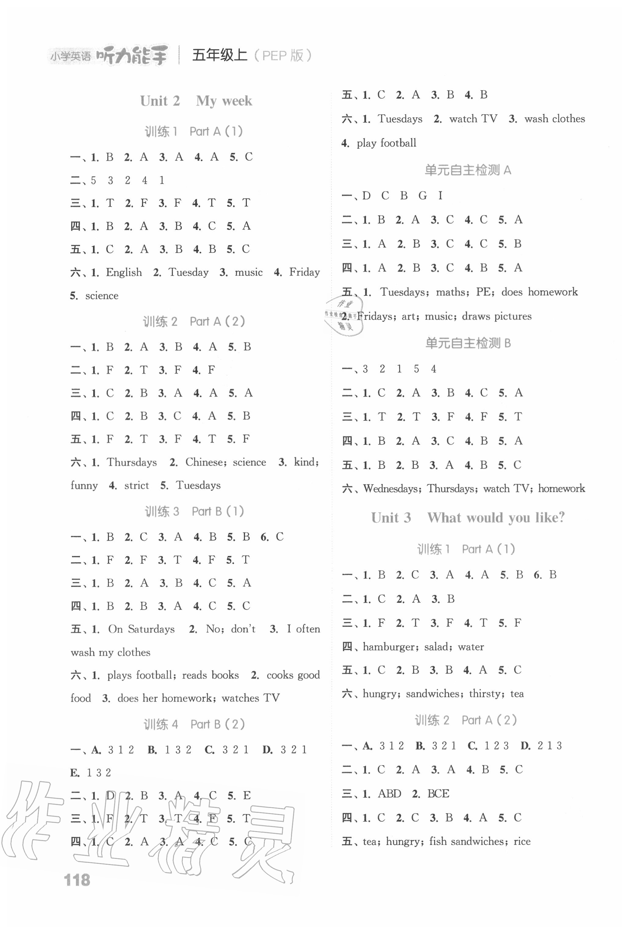 2020年通城学典小学英语听力能手五年级上册人教PEP版 参考答案第2页