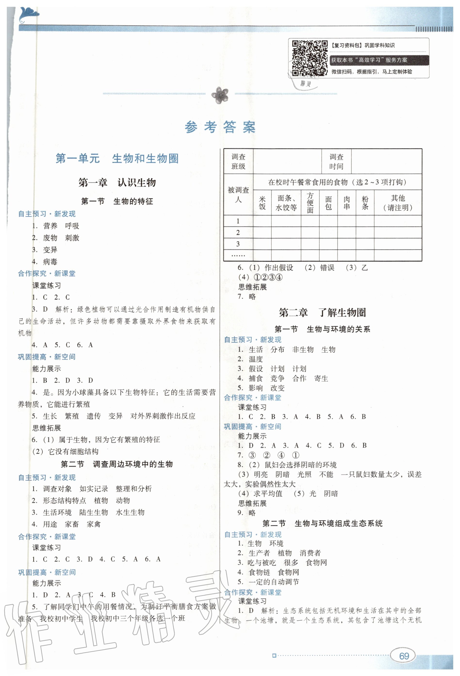 2020年南方新課堂金牌學案七年級生物學上冊人教版 參考答案第1頁