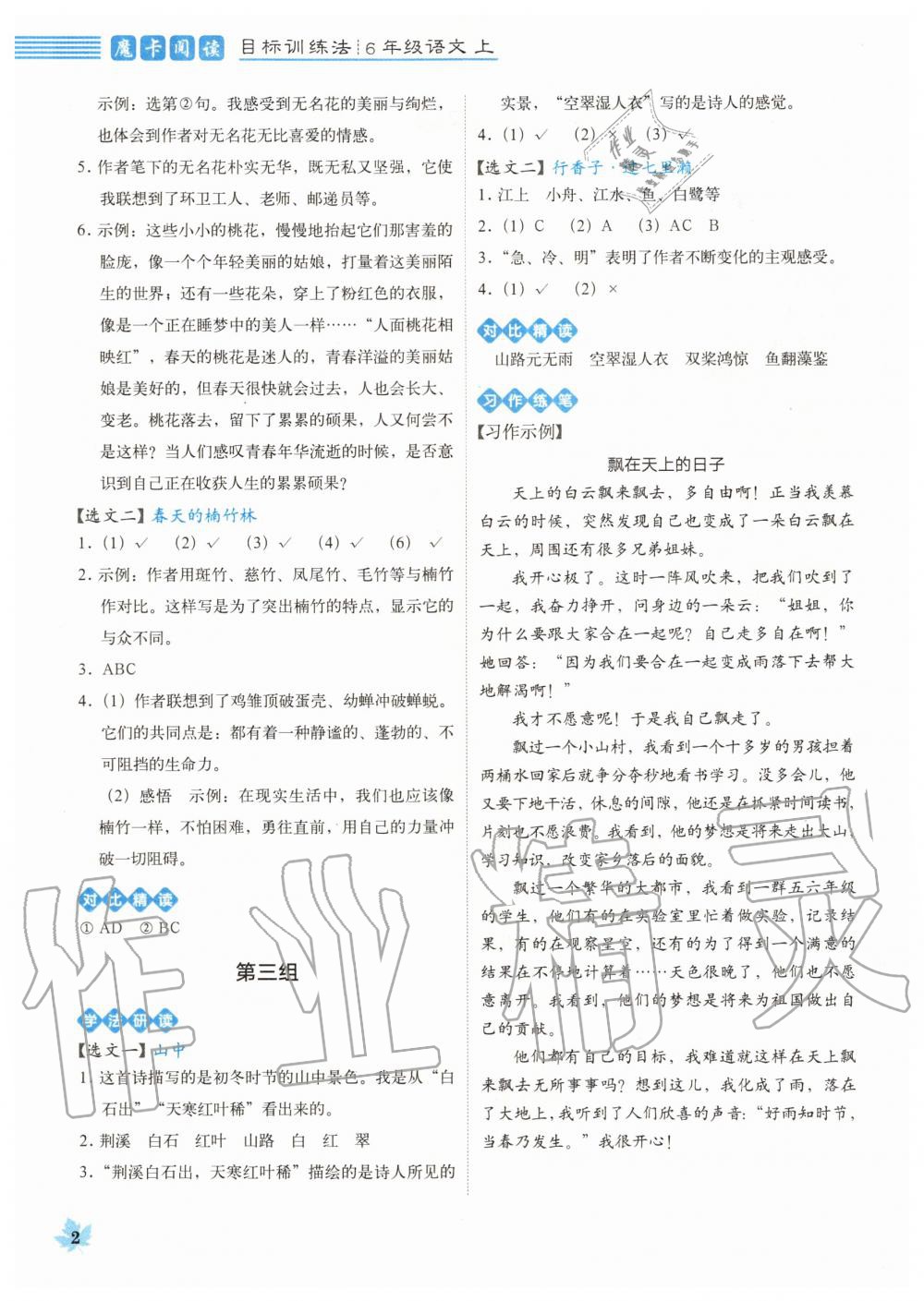 2020年魔卡閱讀目標(biāo)訓(xùn)練法六年級(jí)語(yǔ)文上冊(cè)人教版 參考答案第2頁(yè)