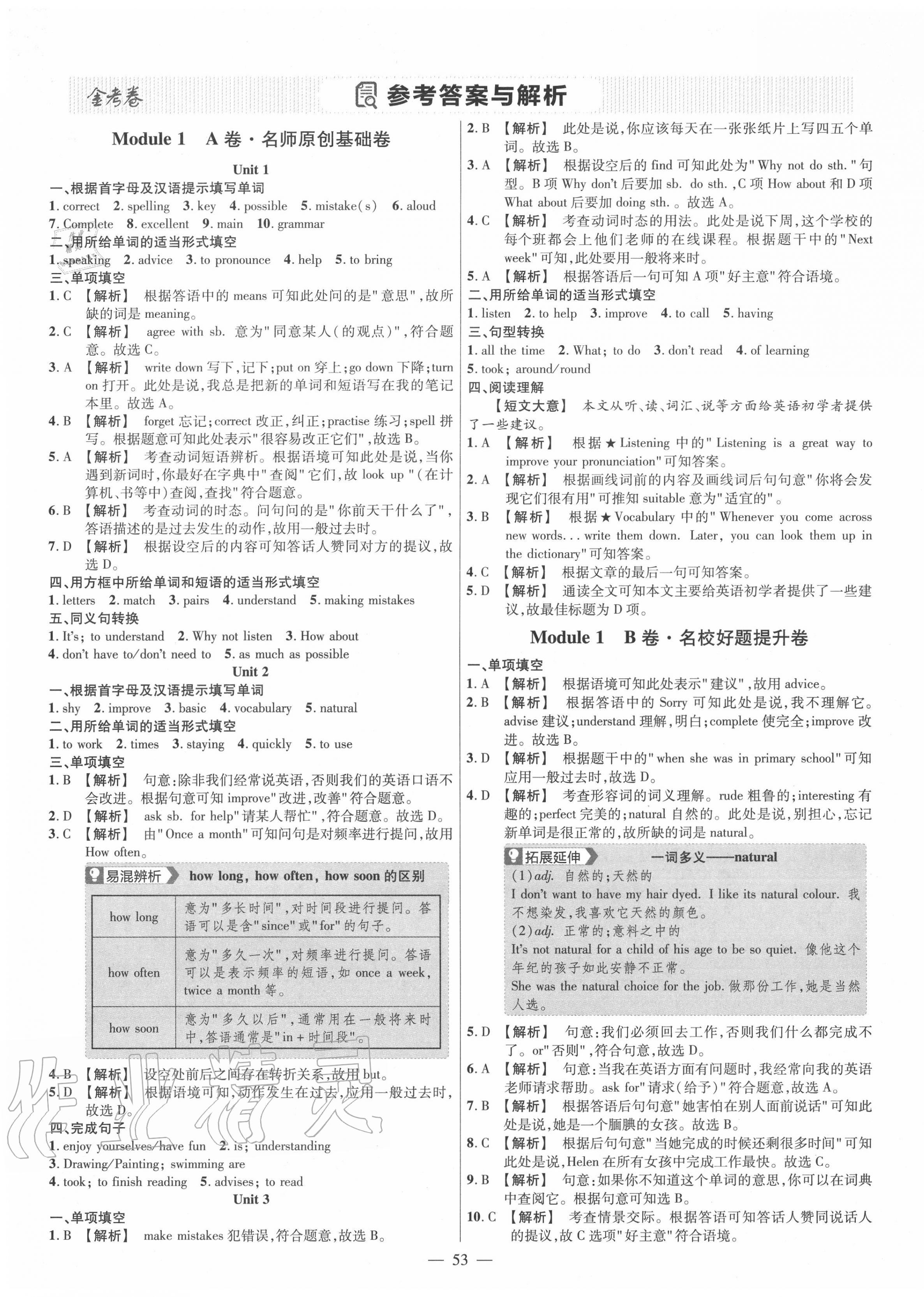 2020年金考卷活页题选八年级英语上册外研版 参考答案第1页