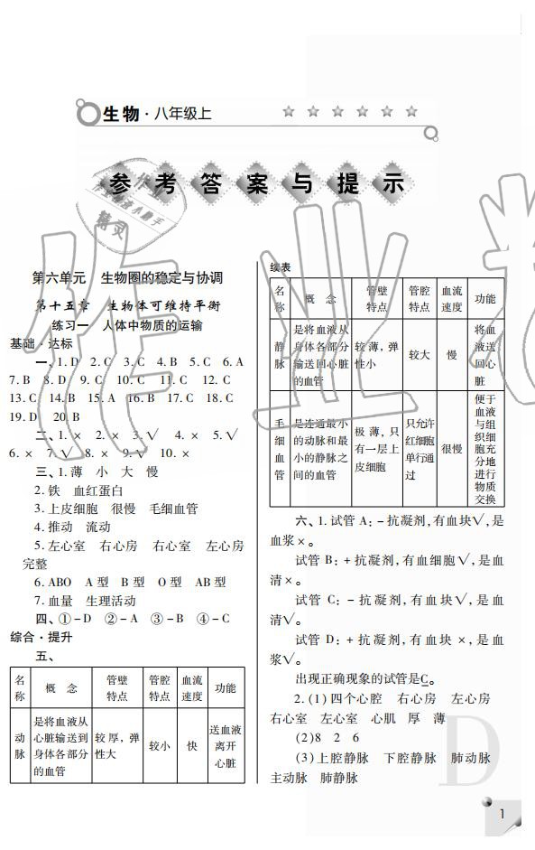 2020年課堂練習(xí)冊八年級生物上冊蘇科版 參考答案第1頁