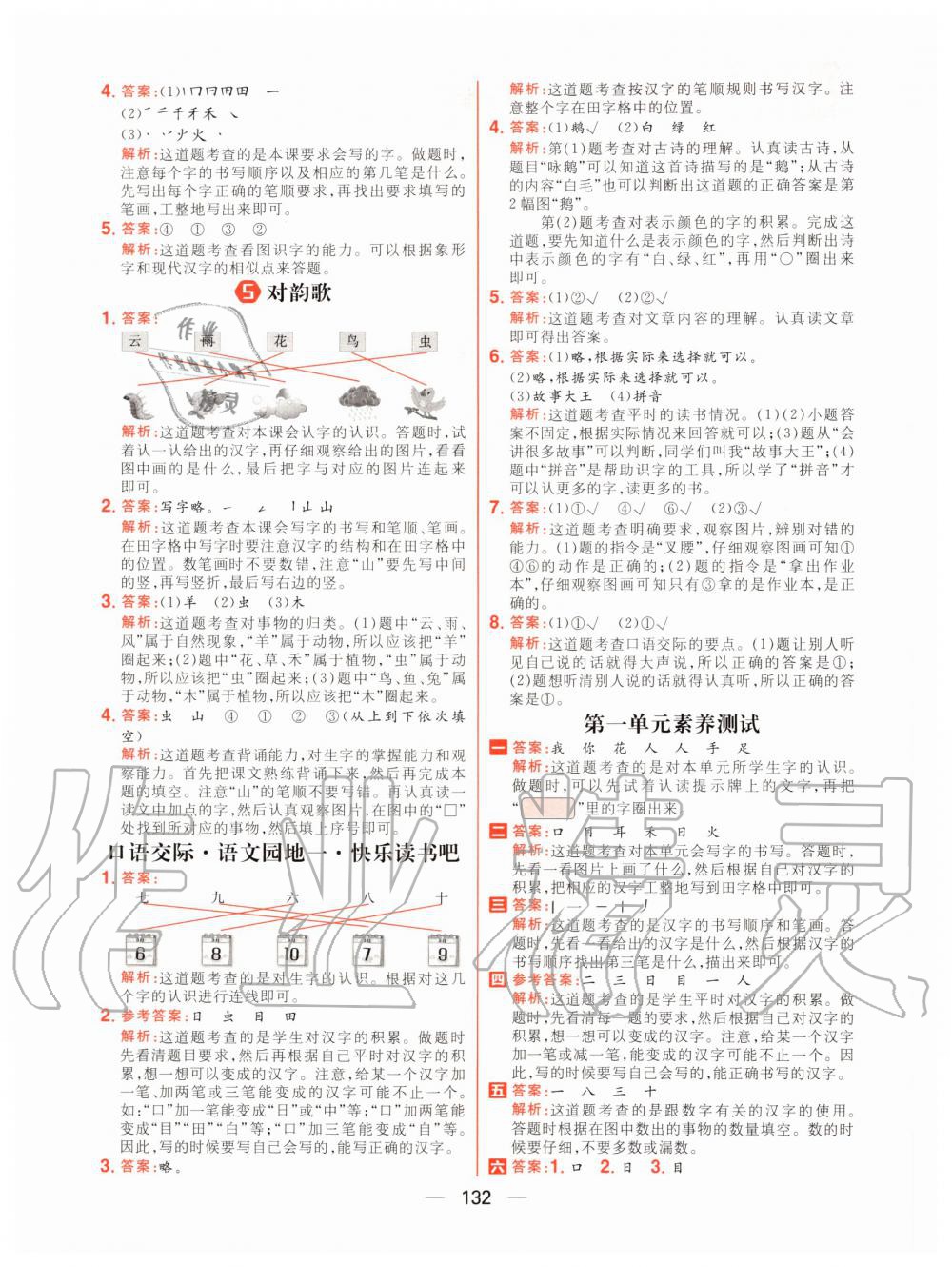 2020年核心素養天天練一年級語文上冊人教版 參考答案第2頁