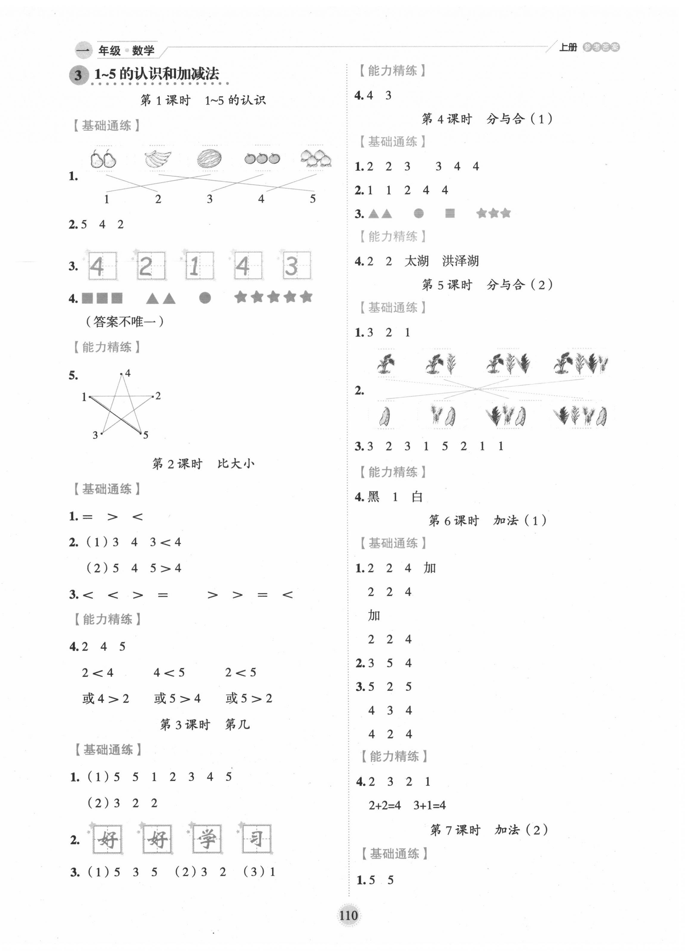 2020年优秀生作业本一年级数学上册人教版 参考答案第2页
