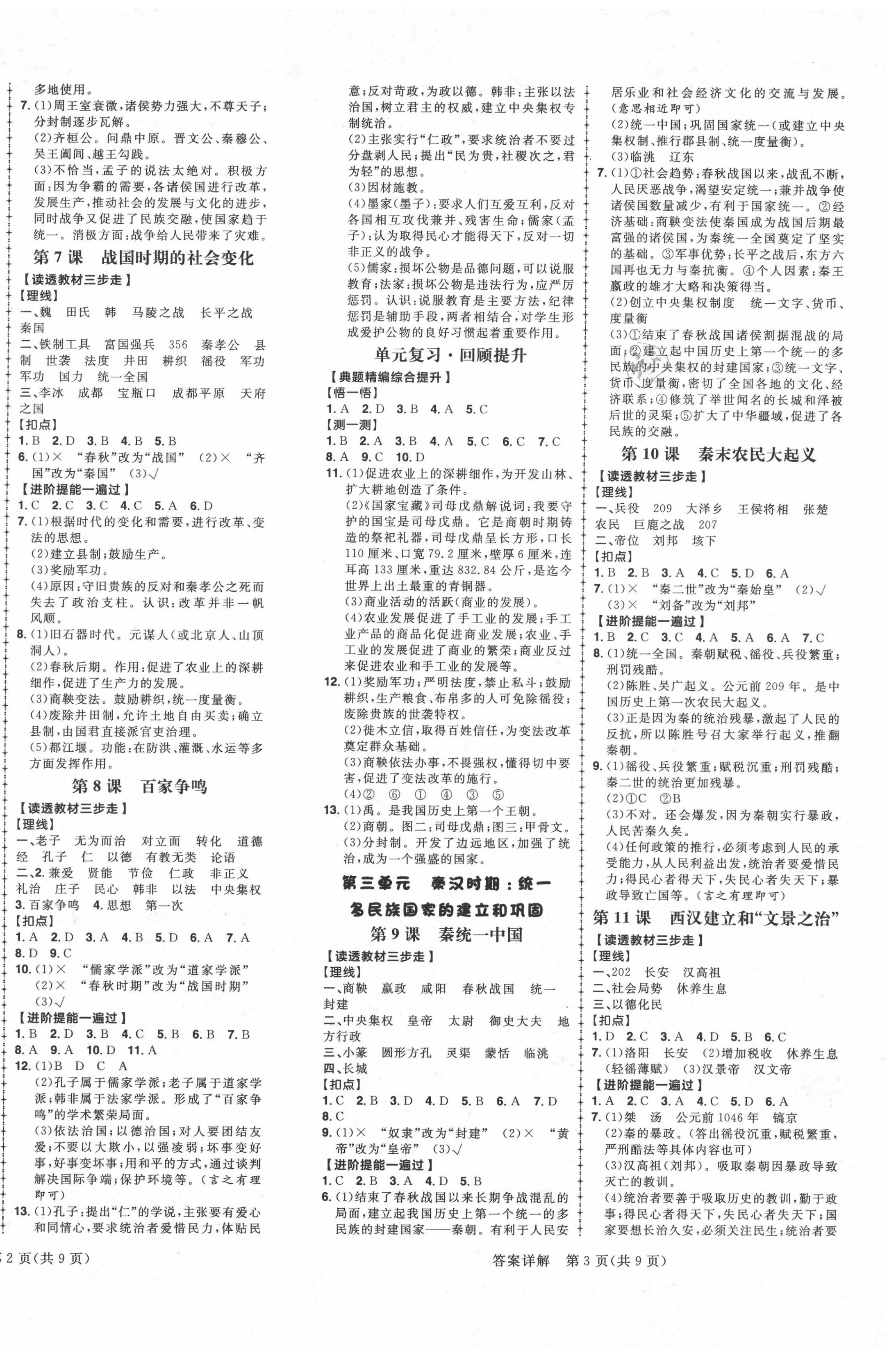 2020年练出好成绩七年级历史上册人教版安徽专版 参考答案第2页