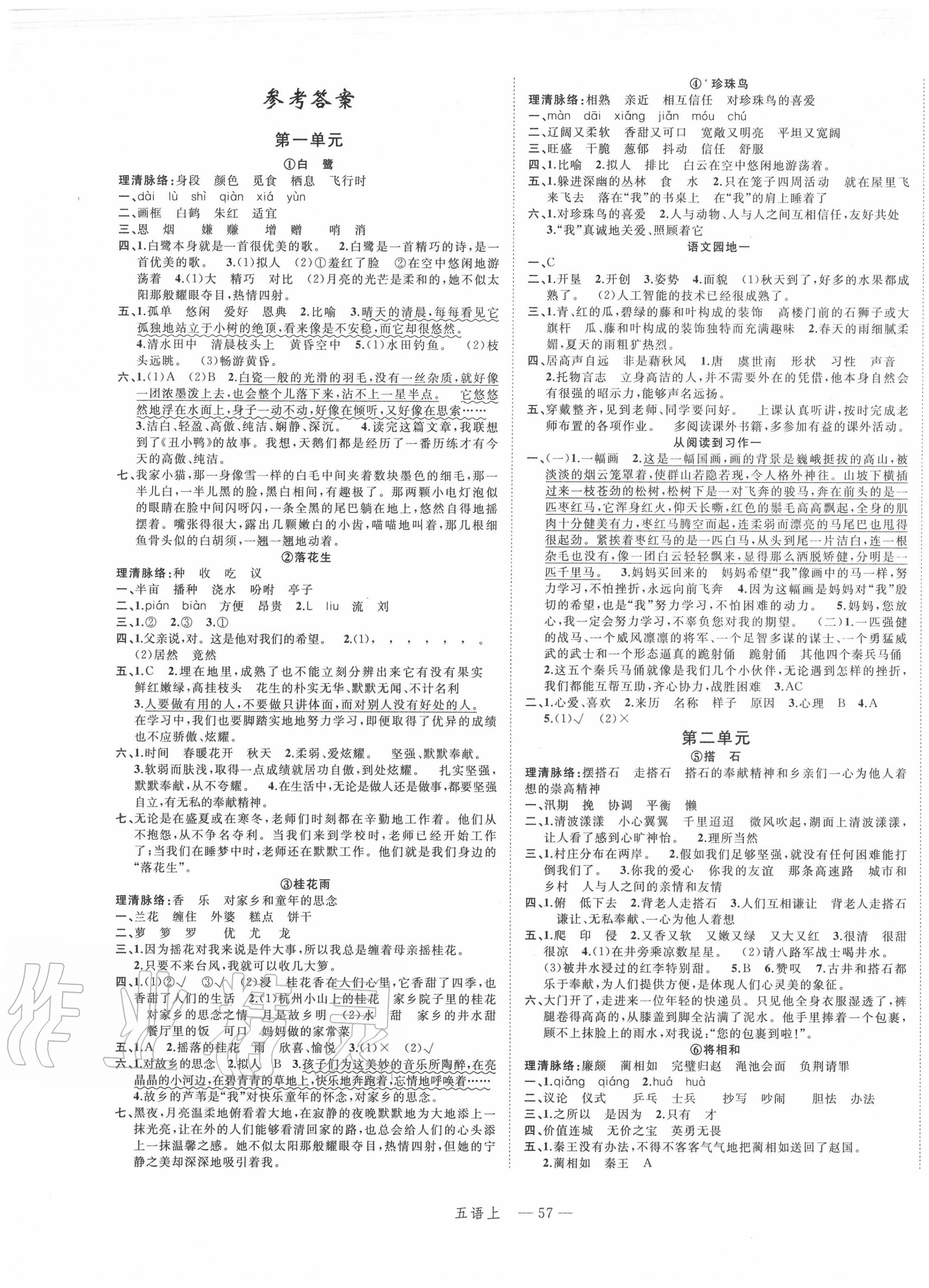 2020年名師面對(duì)面先學(xué)后練五年級(jí)語(yǔ)文上冊(cè)人教版 參考答案第1頁(yè)