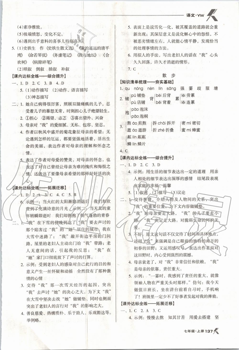 2020年全优点练课计划七年级语文上册语文版 参考答案第4页