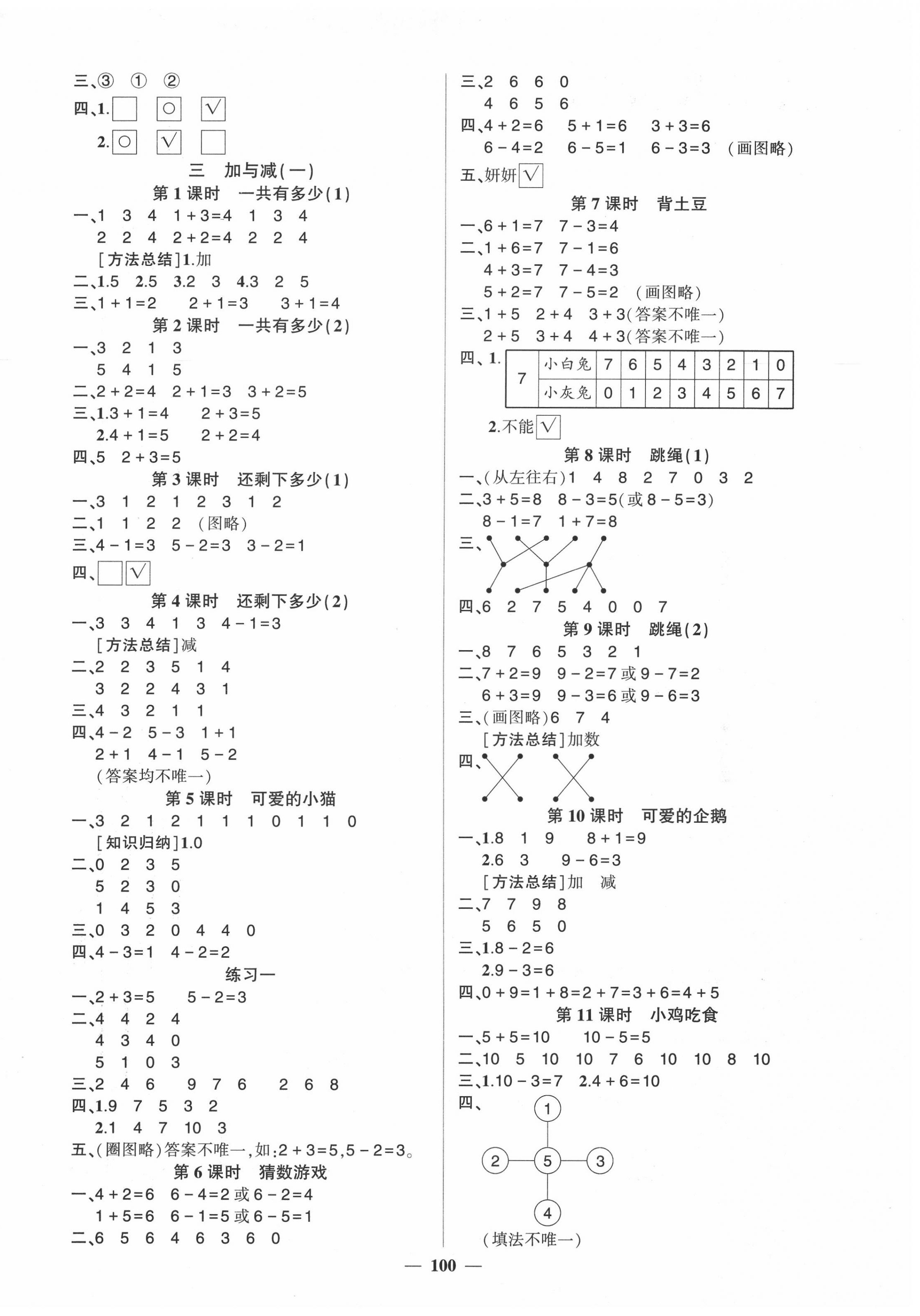 2020年状元成才路创优作业100分一年级数学上册北师大版 参考答案第2页