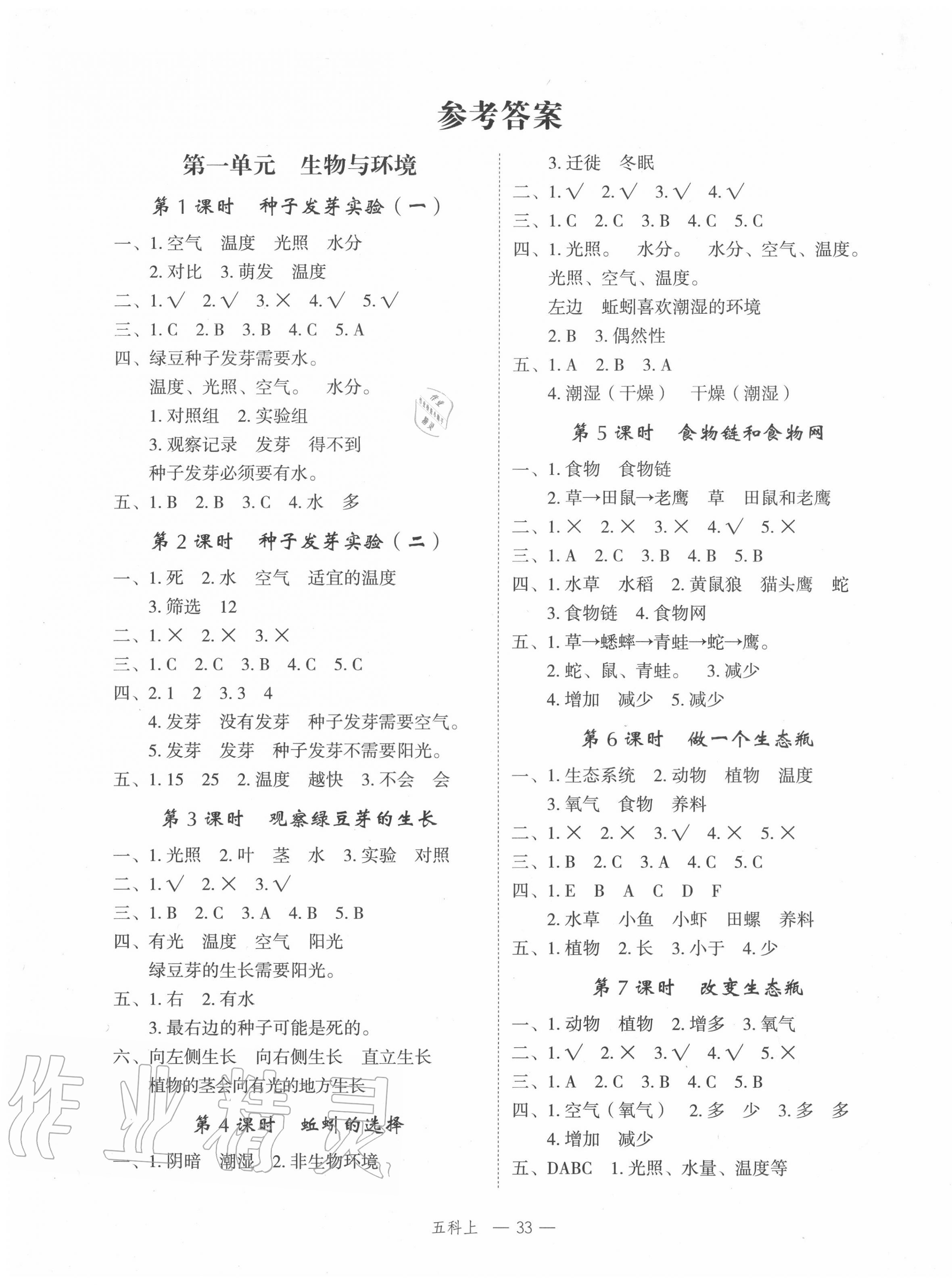 2020年名師面對(duì)面先學(xué)后練五年級(jí)科學(xué)上冊(cè)教科版 參考答案第1頁