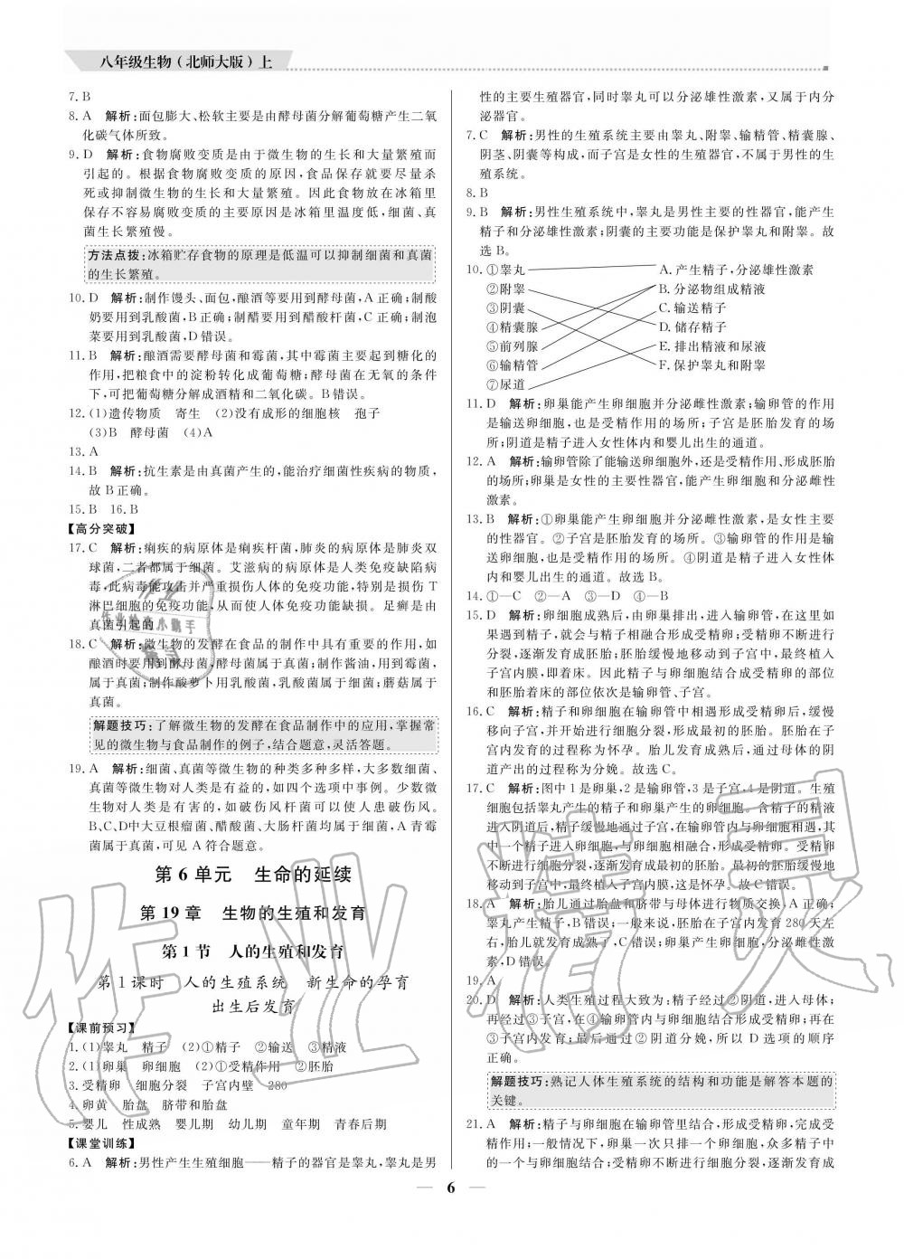 2020年提分教练八年级生物上册北师大版 参考答案第6页