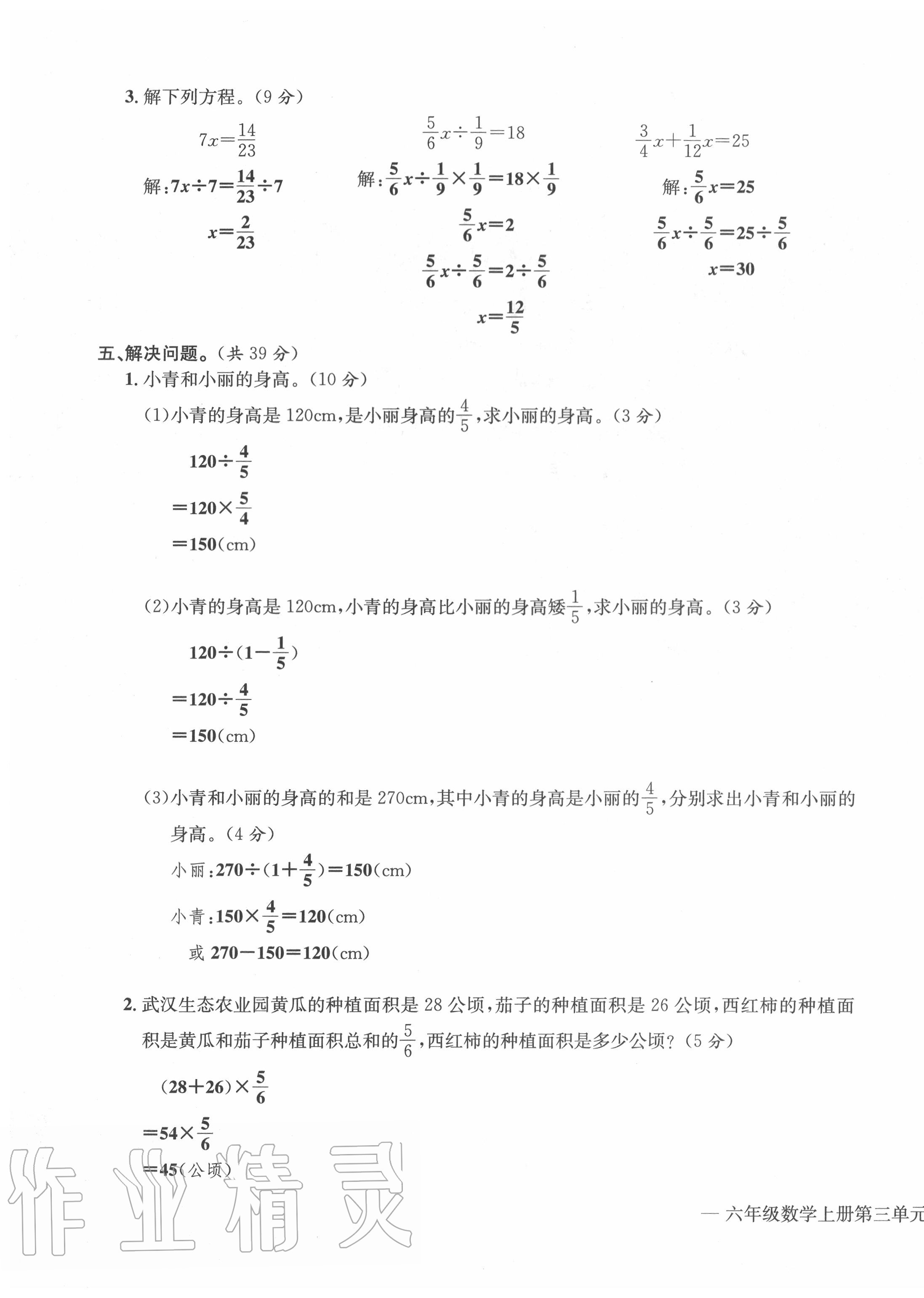 2020年学业评价测评卷六年级数学上册人教版 第11页