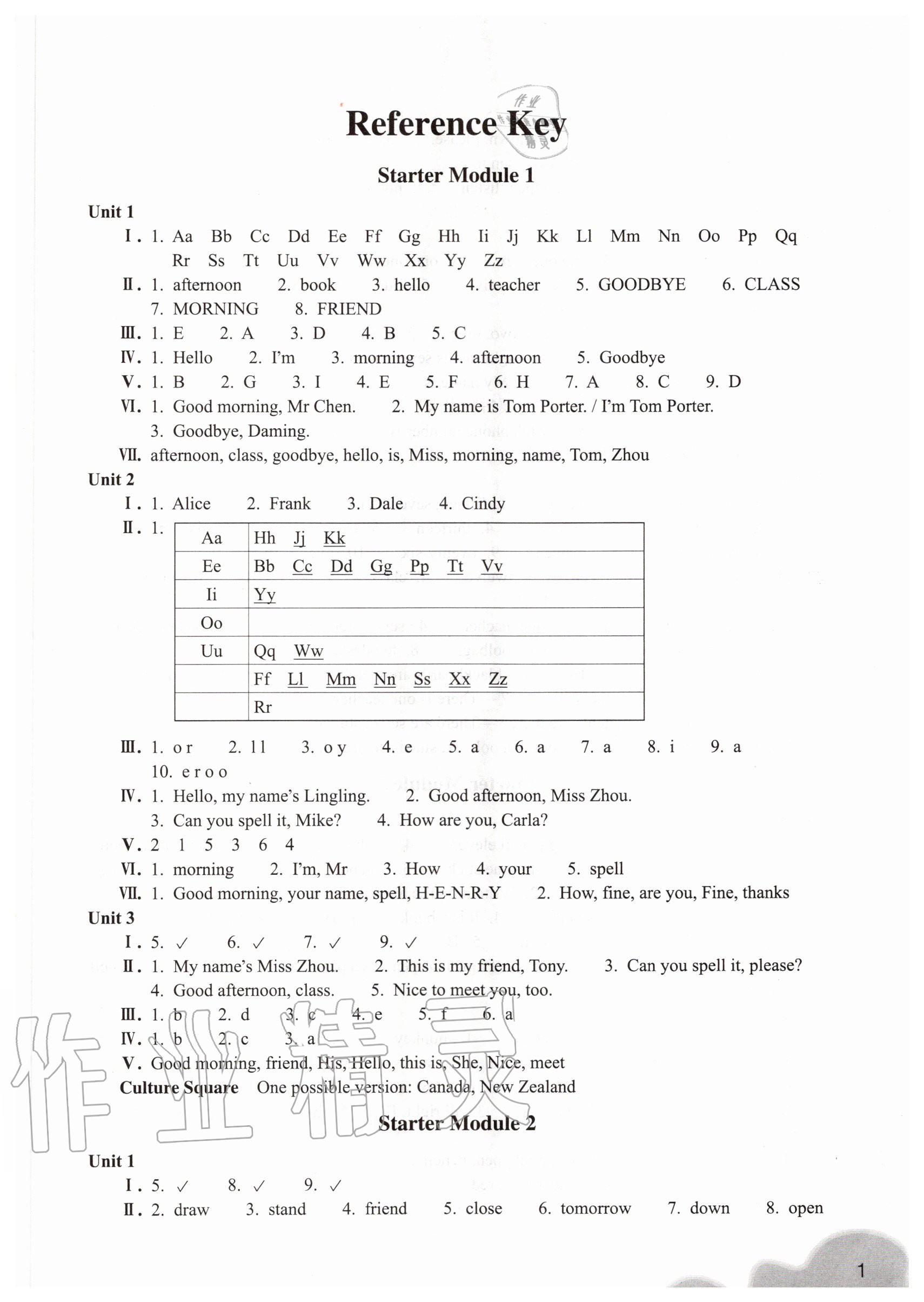 2020年作業(yè)本浙江教育出版社七年級英語上冊外研版 參考答案第1頁