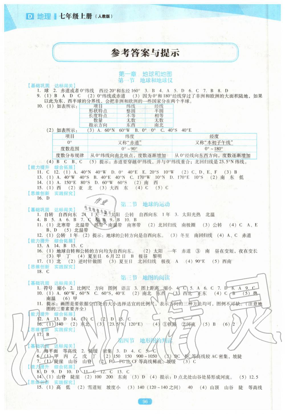 2020年新课程地理能力培养七年级上册人教版D版 参考答案第1页