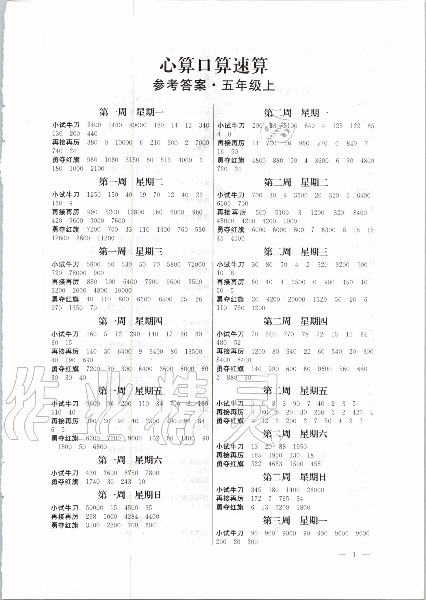 2020年口算心算速算五年級上冊蘇教版江蘇鳳凰美術(shù)出版社 第1頁