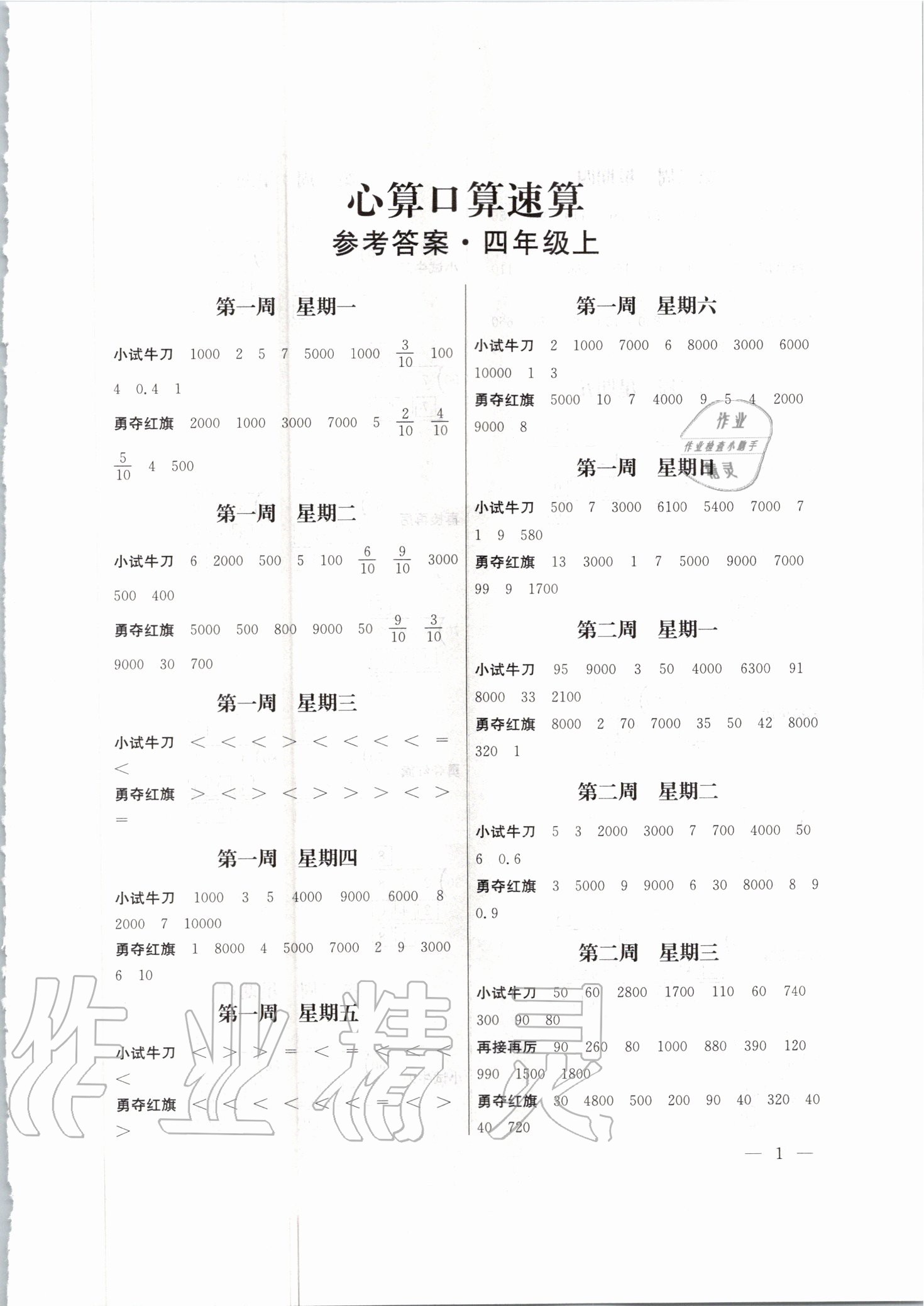 2020年口算心算速算四年級(jí)上冊(cè)蘇教版江蘇鳳凰美術(shù)出版社 第1頁(yè)