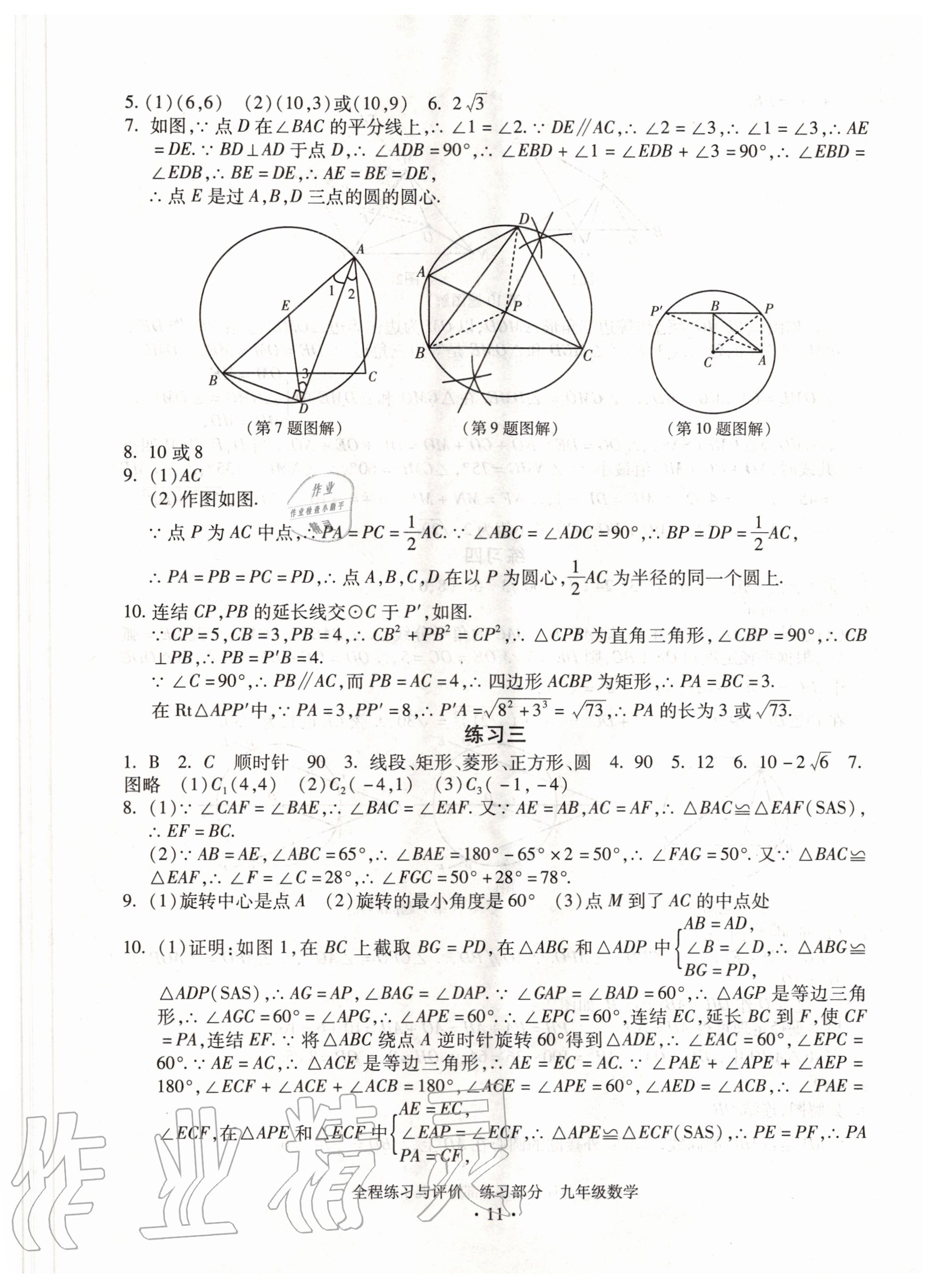 2020年全程练习与评价九年级数学浙教版 参考答案第11页