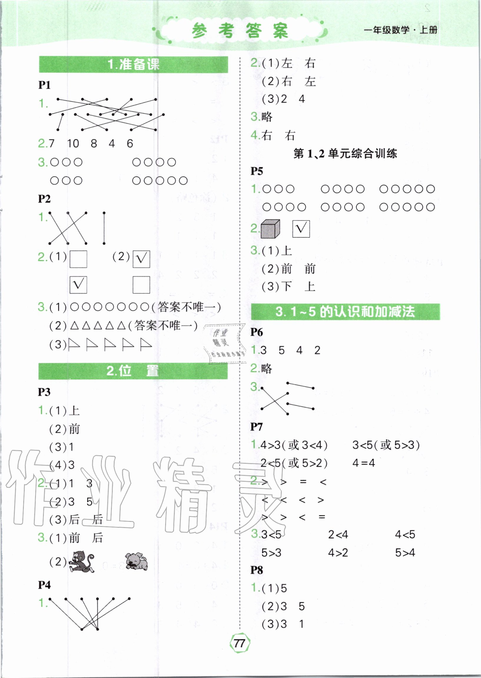 2020年狀元大課堂口算闖關一年級數學上冊人教版 參考答案第1頁