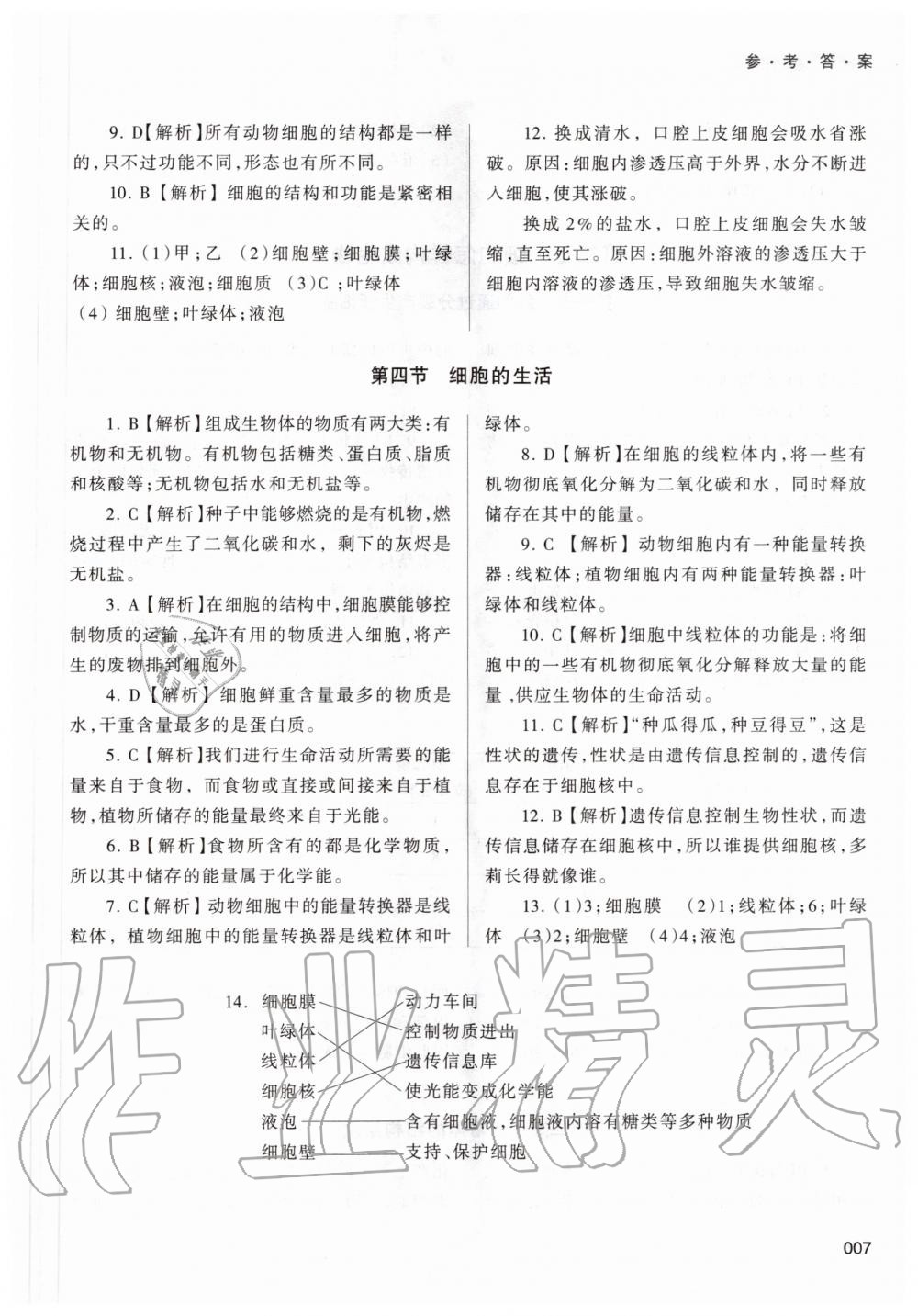 2020年学习质量监测七年级生物学上册人教版 参考答案第7页