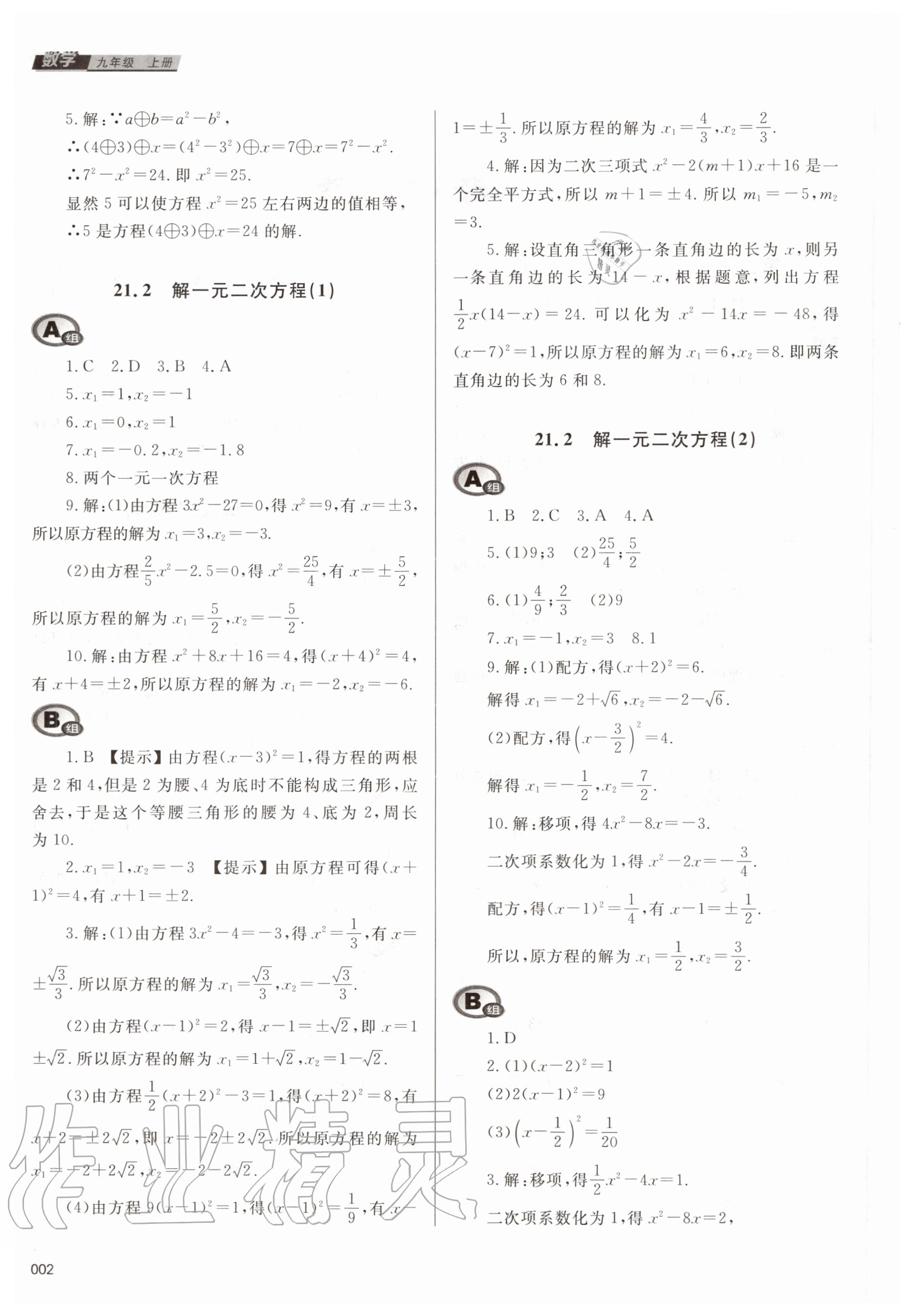 2020年学习质量监测九年级数学上册人教版 参考答案第2页