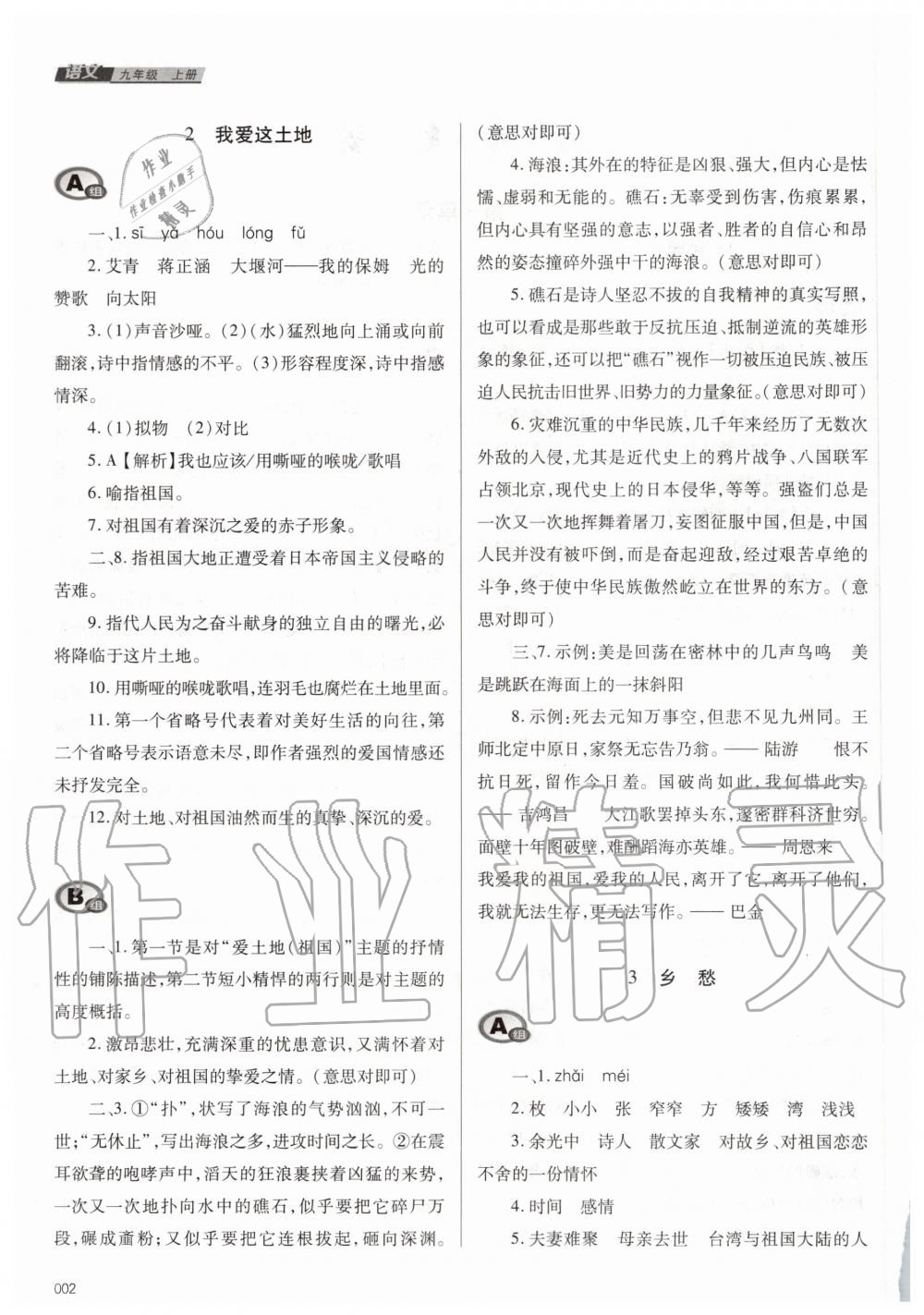 2020年学习质量监测九年级语文上册人教版 参考答案第2页