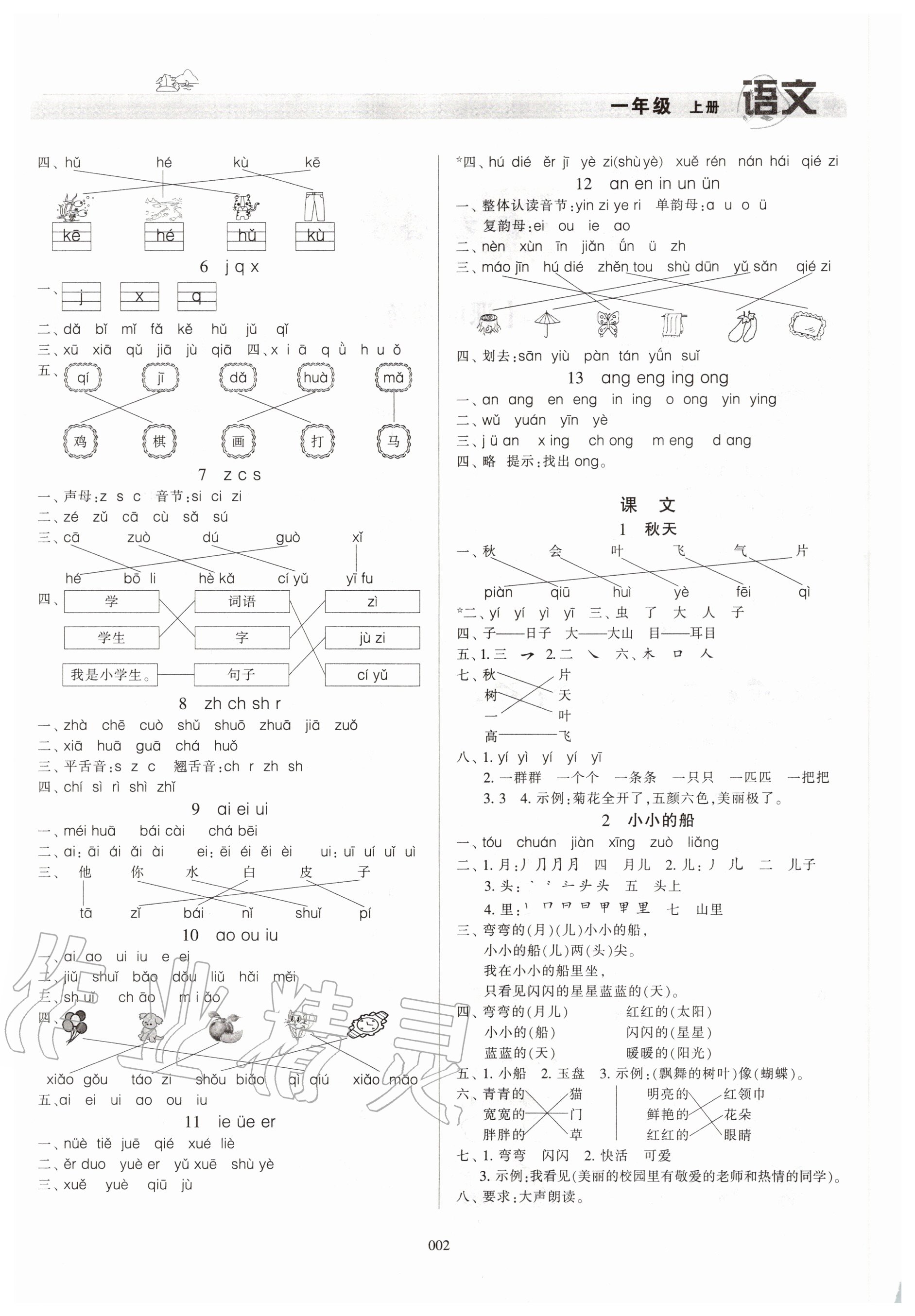 2020年學(xué)習(xí)質(zhì)量監(jiān)測(cè)一年級(jí)語(yǔ)文上冊(cè)人教版 參考答案第2頁(yè)