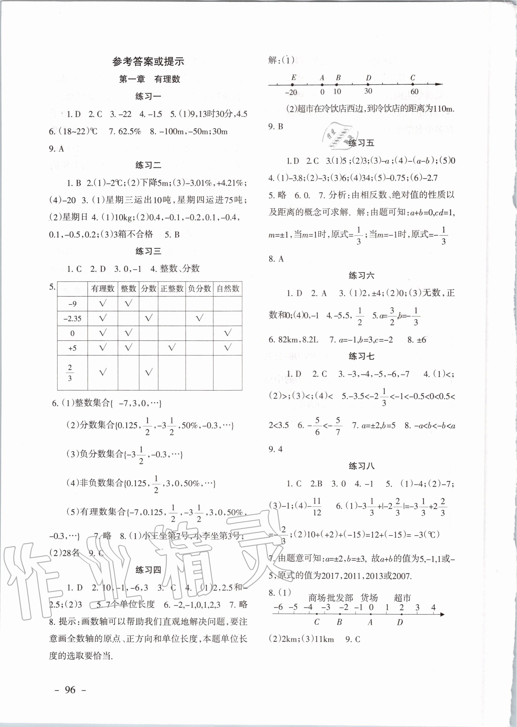 2020年数学配套综合练习七年级上册人教版 参考答案第1页