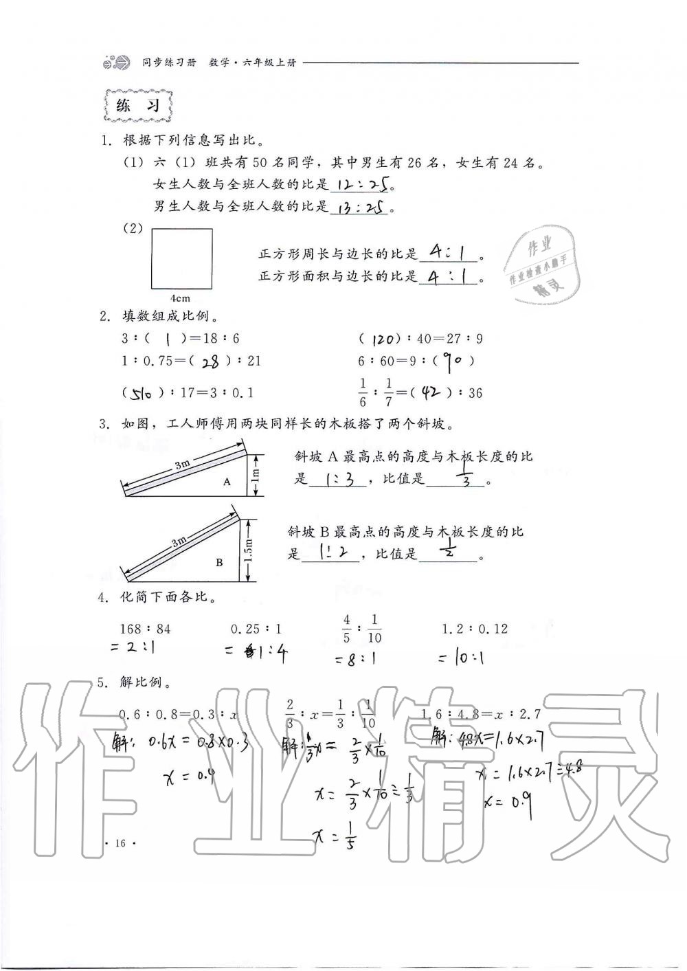 2020年同步练习册六年级数学上册冀教版河北教育出版社 第16页