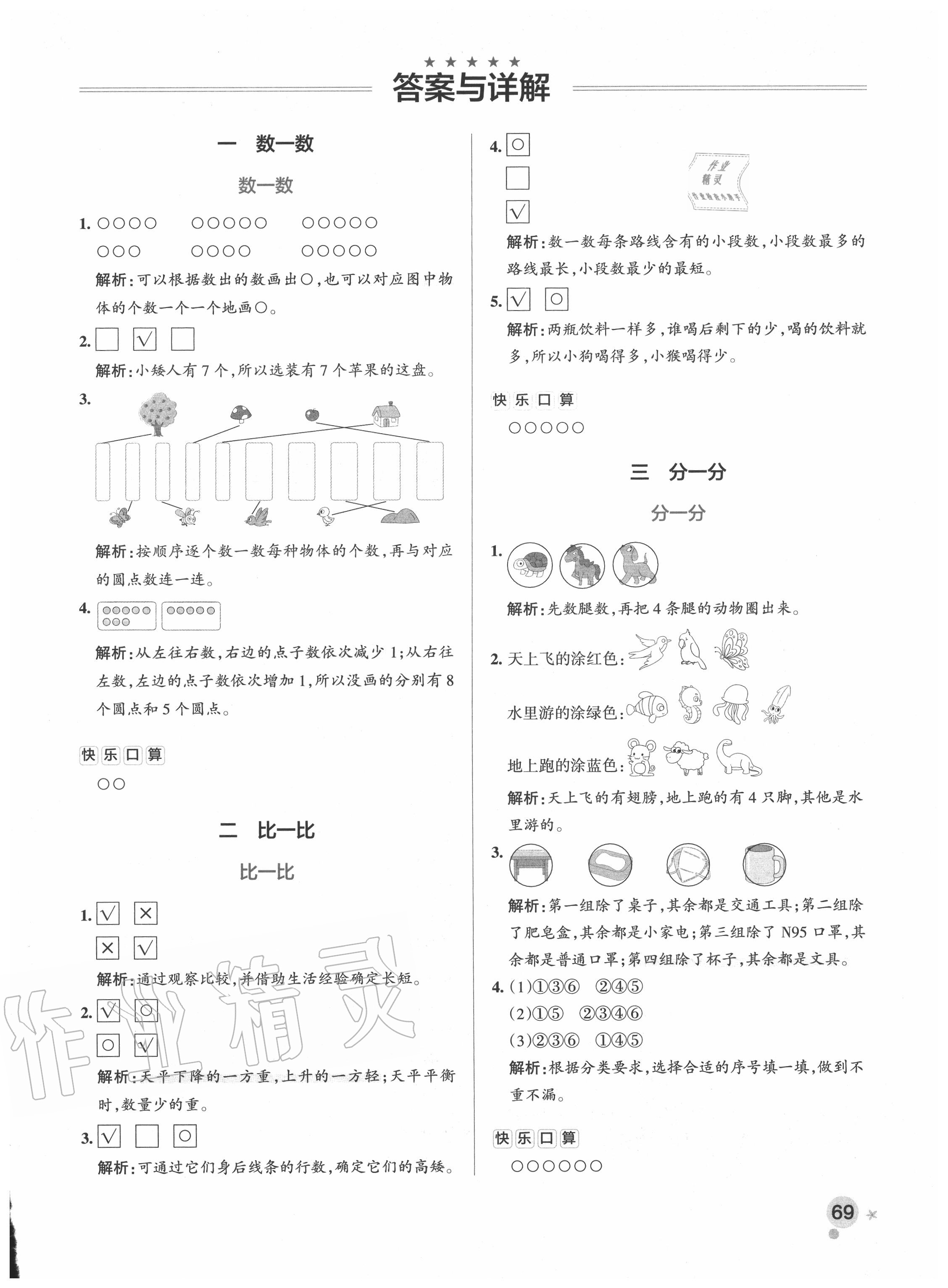 2020年小学学霸作业本一年级数学上册苏教版 参考答案第1页