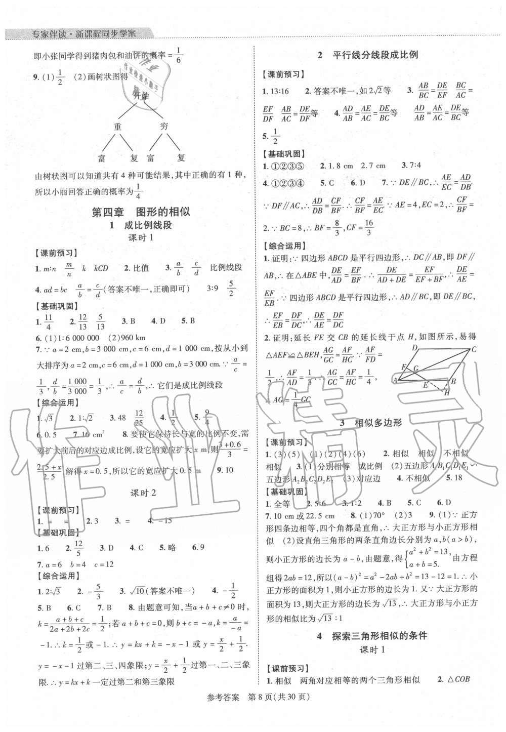 2020年新课程同步学案九年级数学全一册北师大版 参考答案第8页