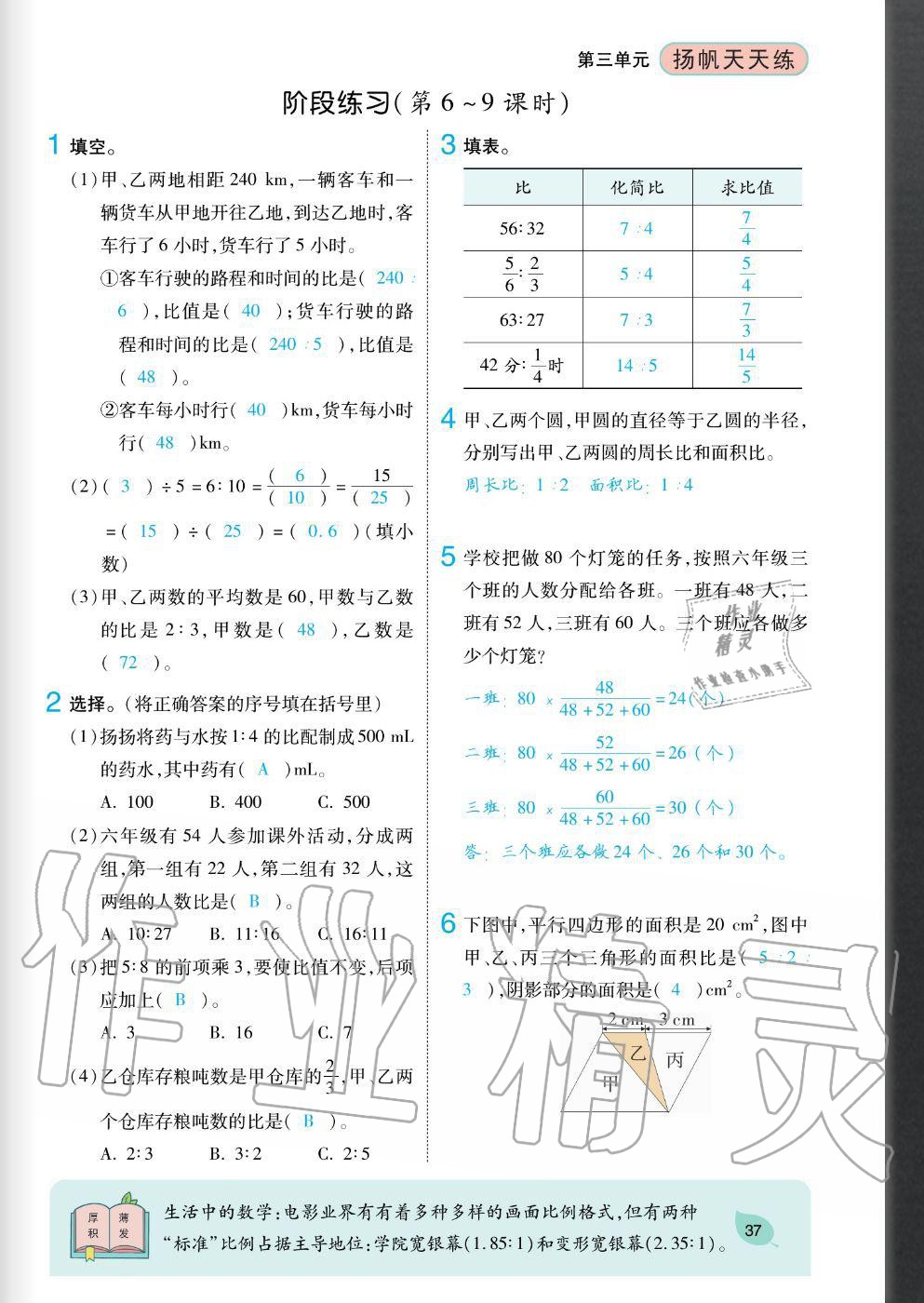 2020年揚(yáng)帆文化揚(yáng)帆天天練六年級(jí)數(shù)學(xué)上冊(cè)蘇教版 參考答案第37頁(yè)