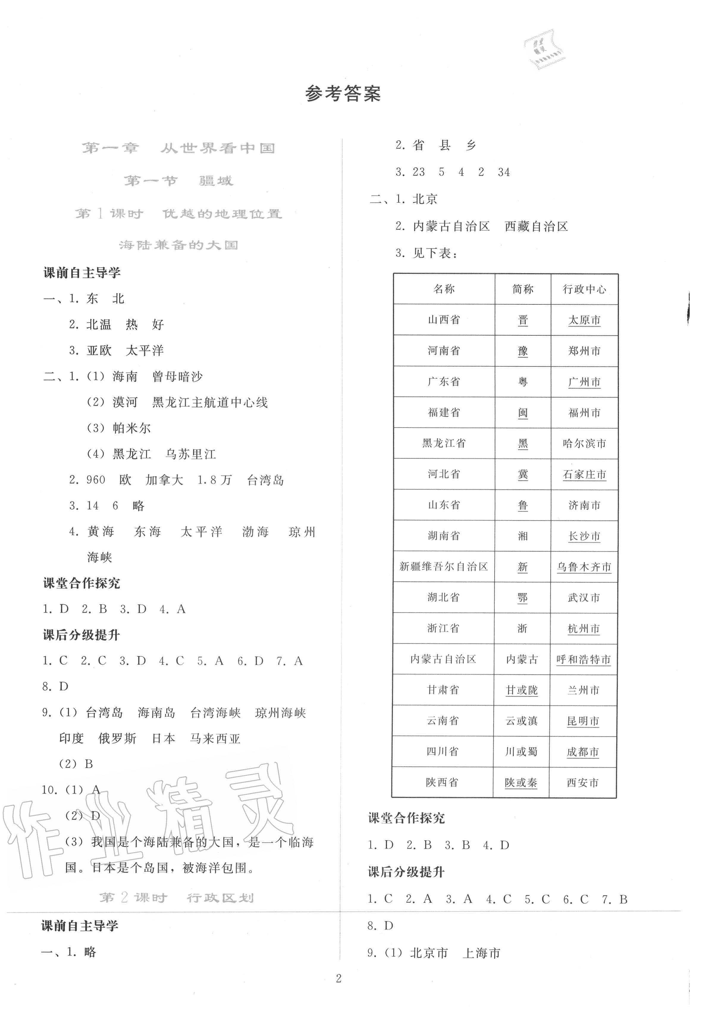 2020年同步轻松练习八年级地理上册人教版 参考答案第1页