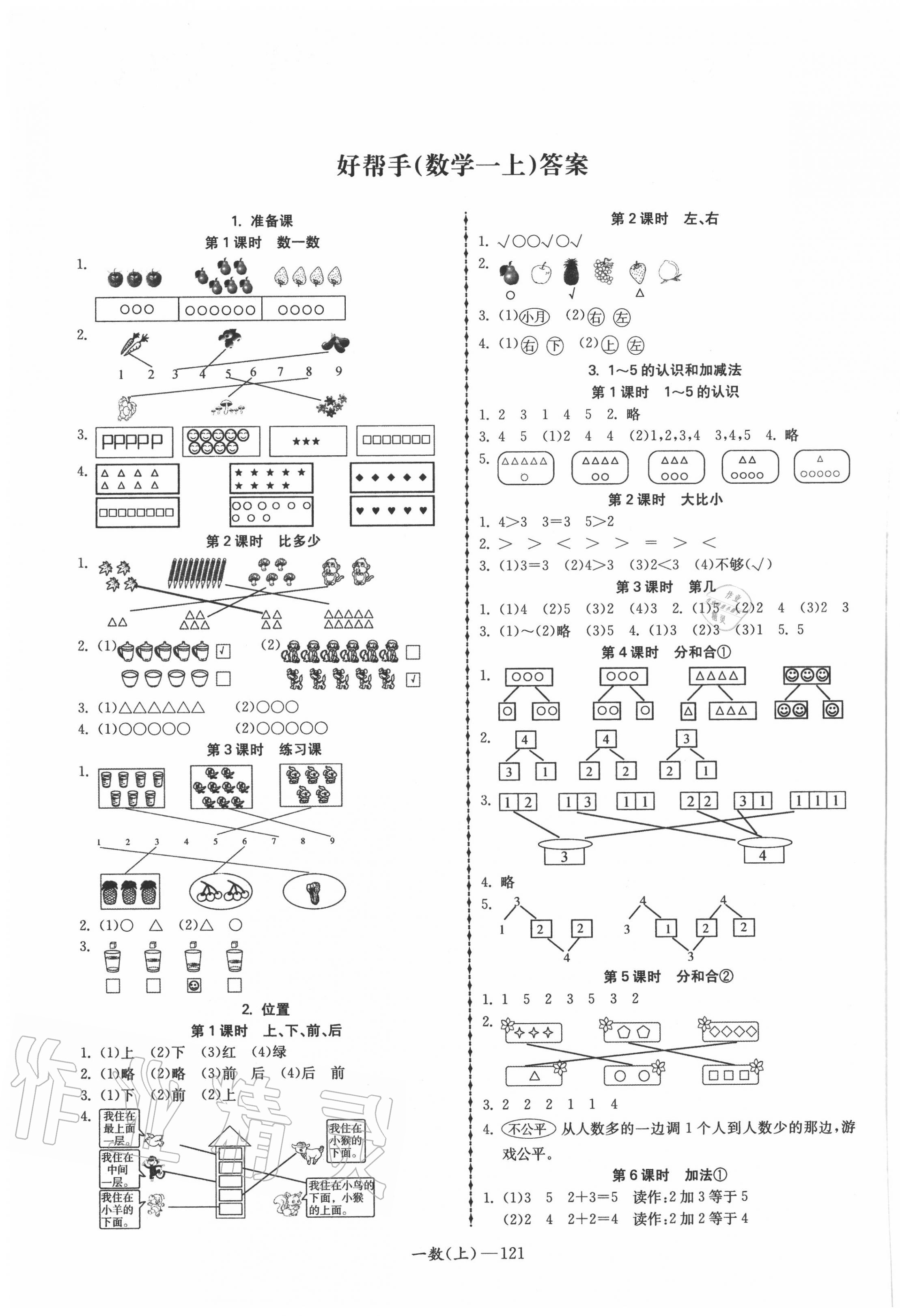 2020年小學數(shù)學學習好幫手一年級上冊人教版 第1頁