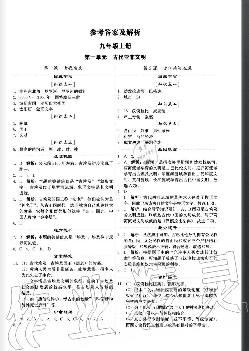 2020年精準同步九年級歷史全一冊人教版 參考答案第1頁