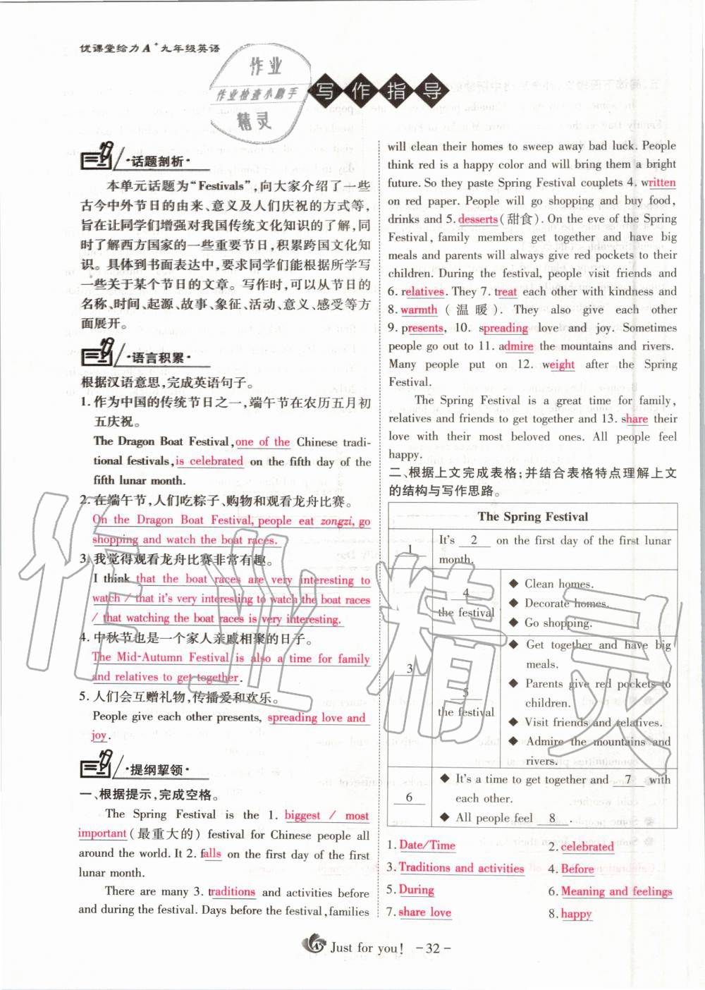 2020年优课堂给力A加九年级英语上册人教版 参考答案第32页