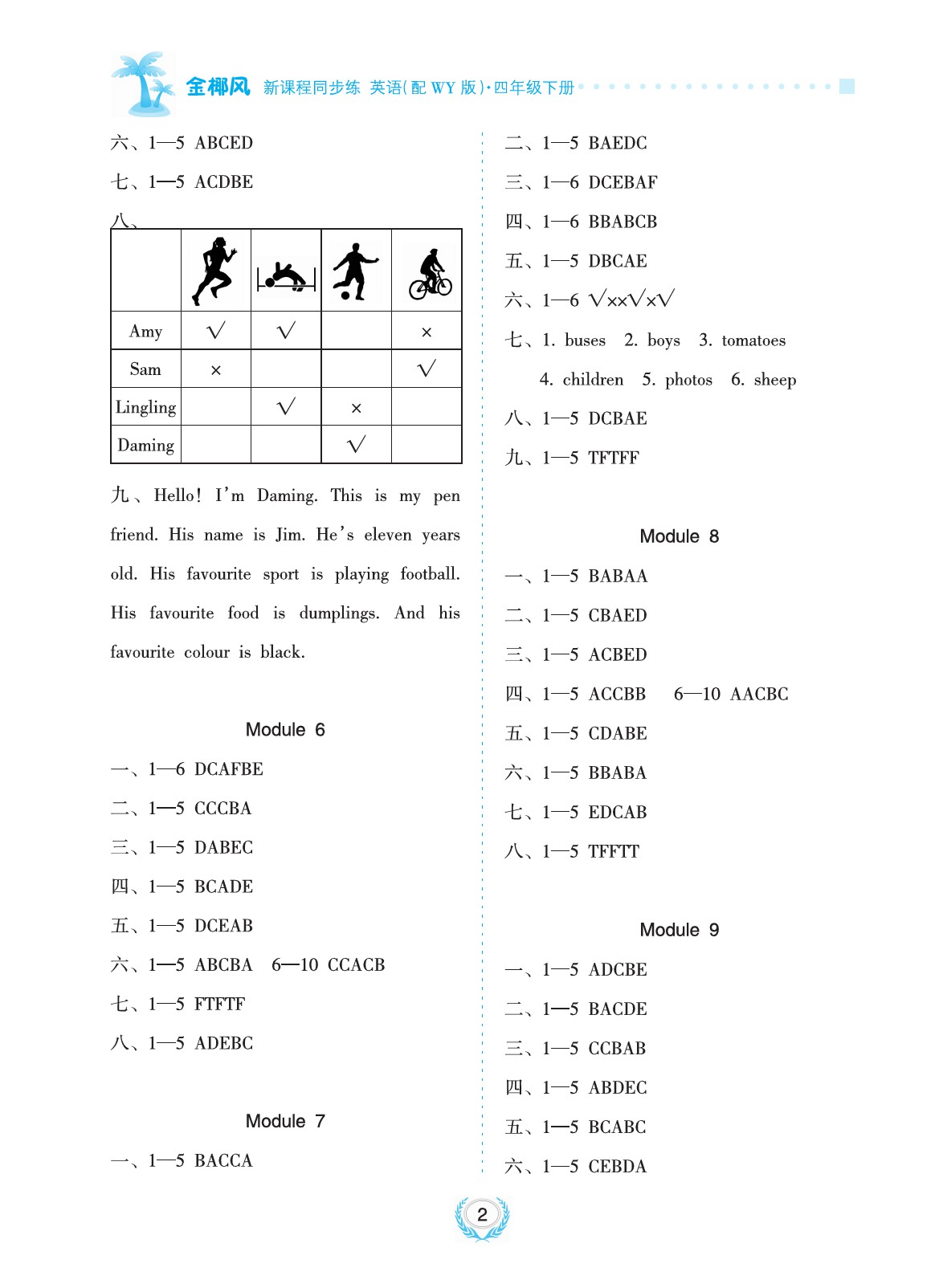 2020年金椰風(fēng)新課程同步練四年級英語上冊外研版 參考答案第2頁