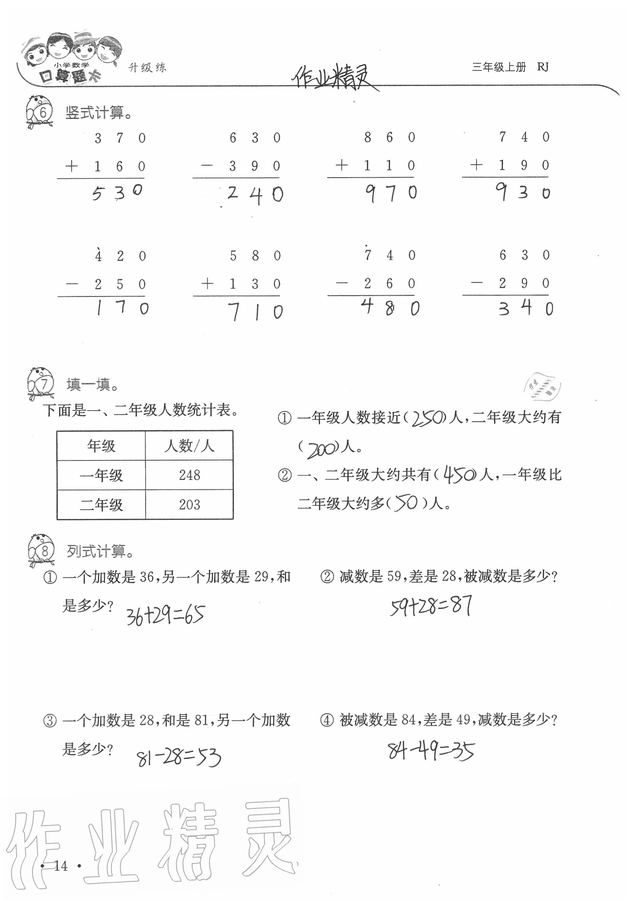 2020年小學數(shù)學口算題卡升級練三年級上冊人教版 參考答案第14頁