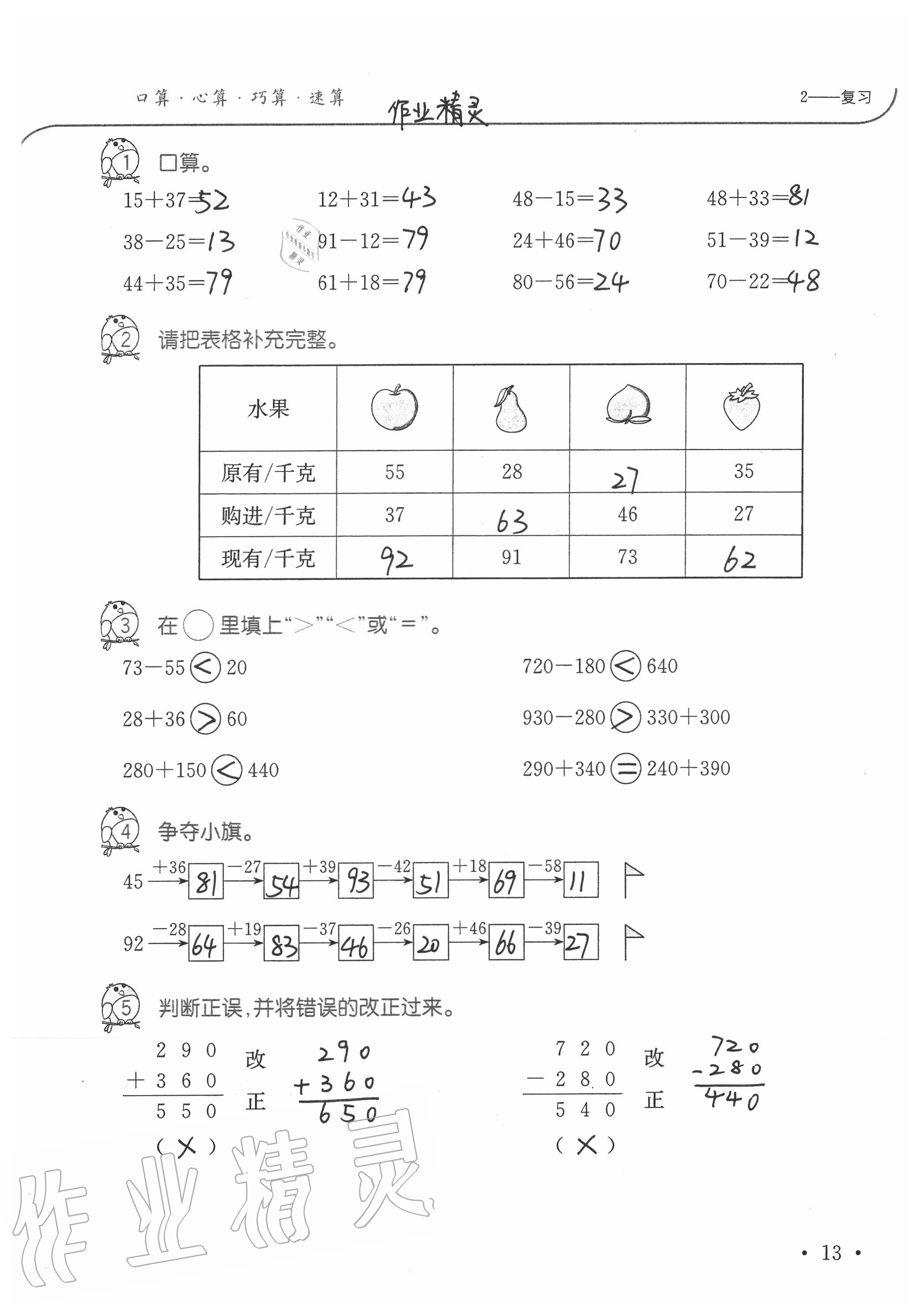 2020年小學(xué)數(shù)學(xué)口算題卡升級練三年級上冊人教版 參考答案第13頁