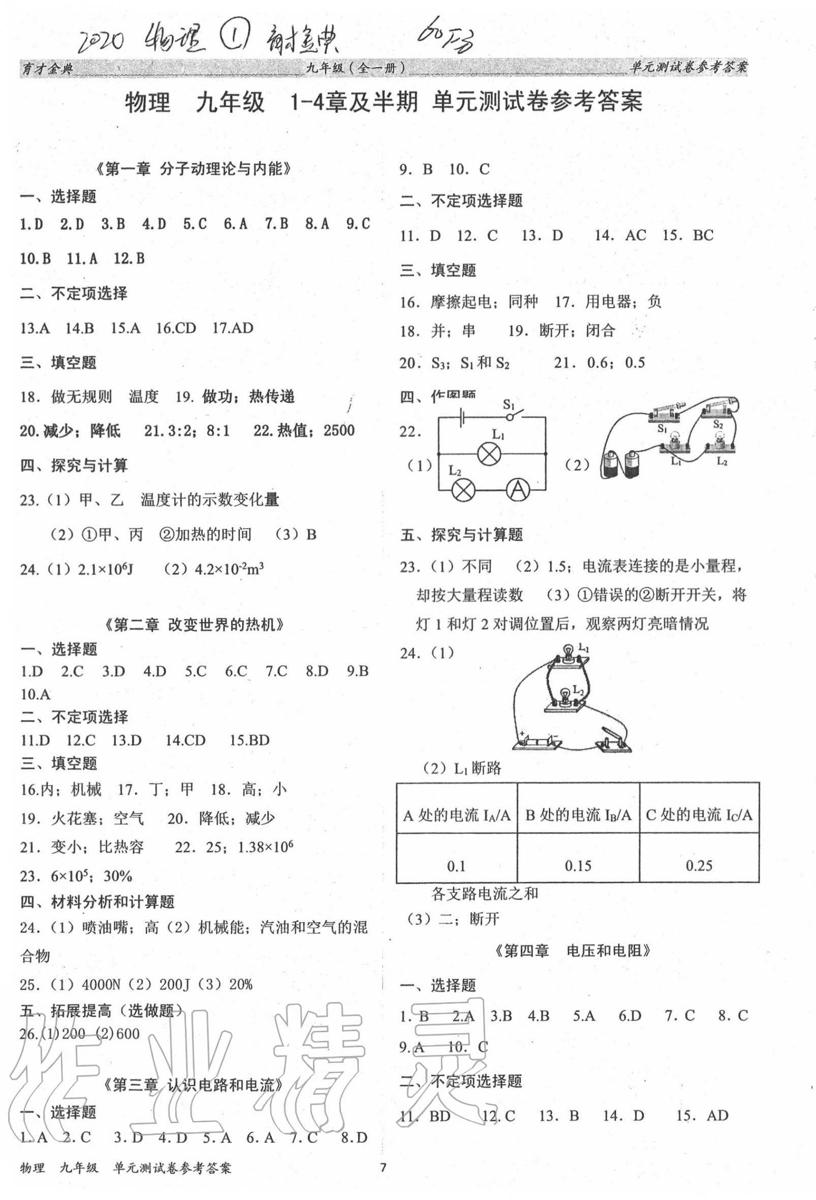 2020年育才金典九年级物理全一册教科版 参考答案第7页