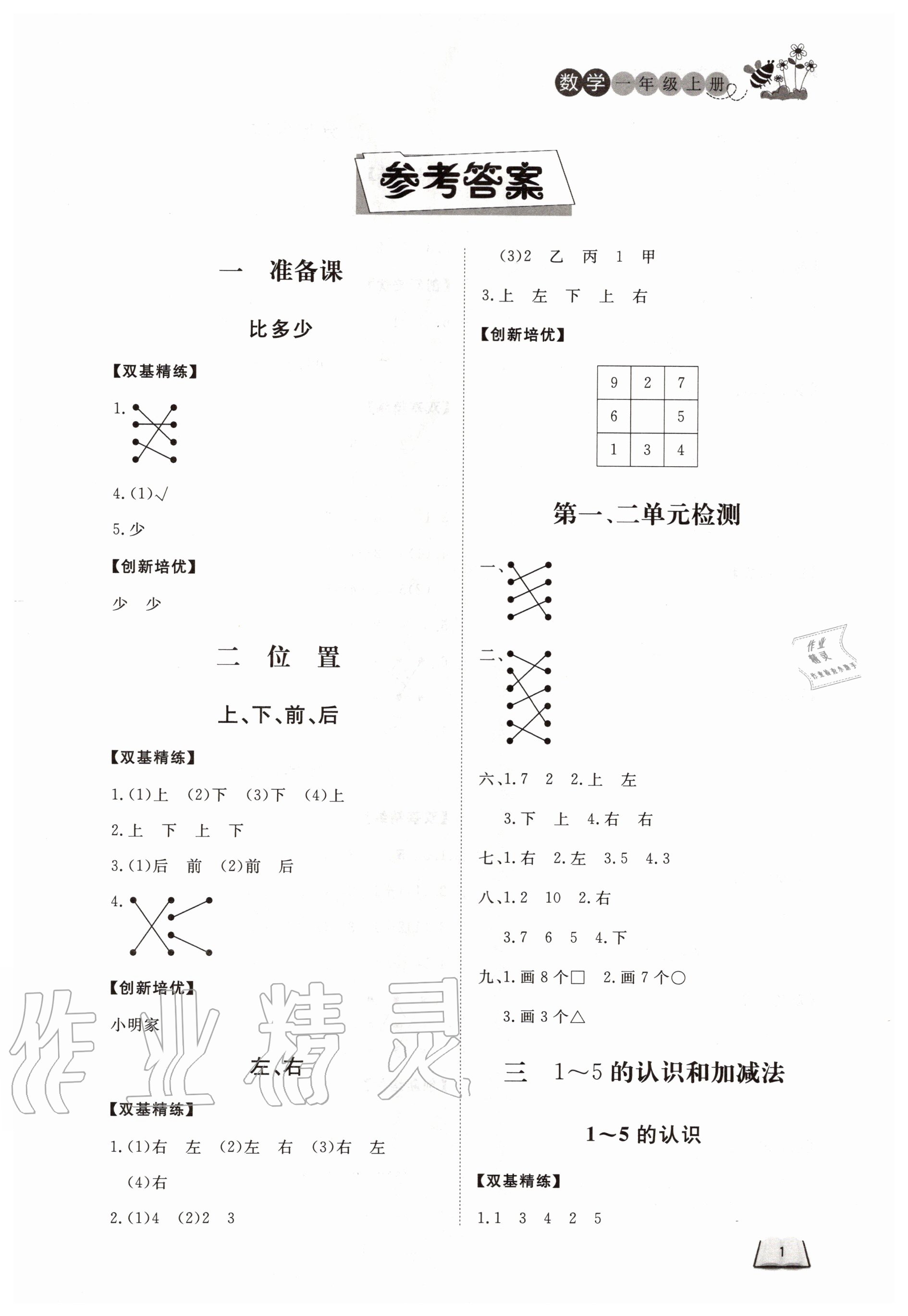 2020年小學(xué)課堂作業(yè)一年級(jí)數(shù)學(xué)上冊(cè)人教版 第1頁(yè)