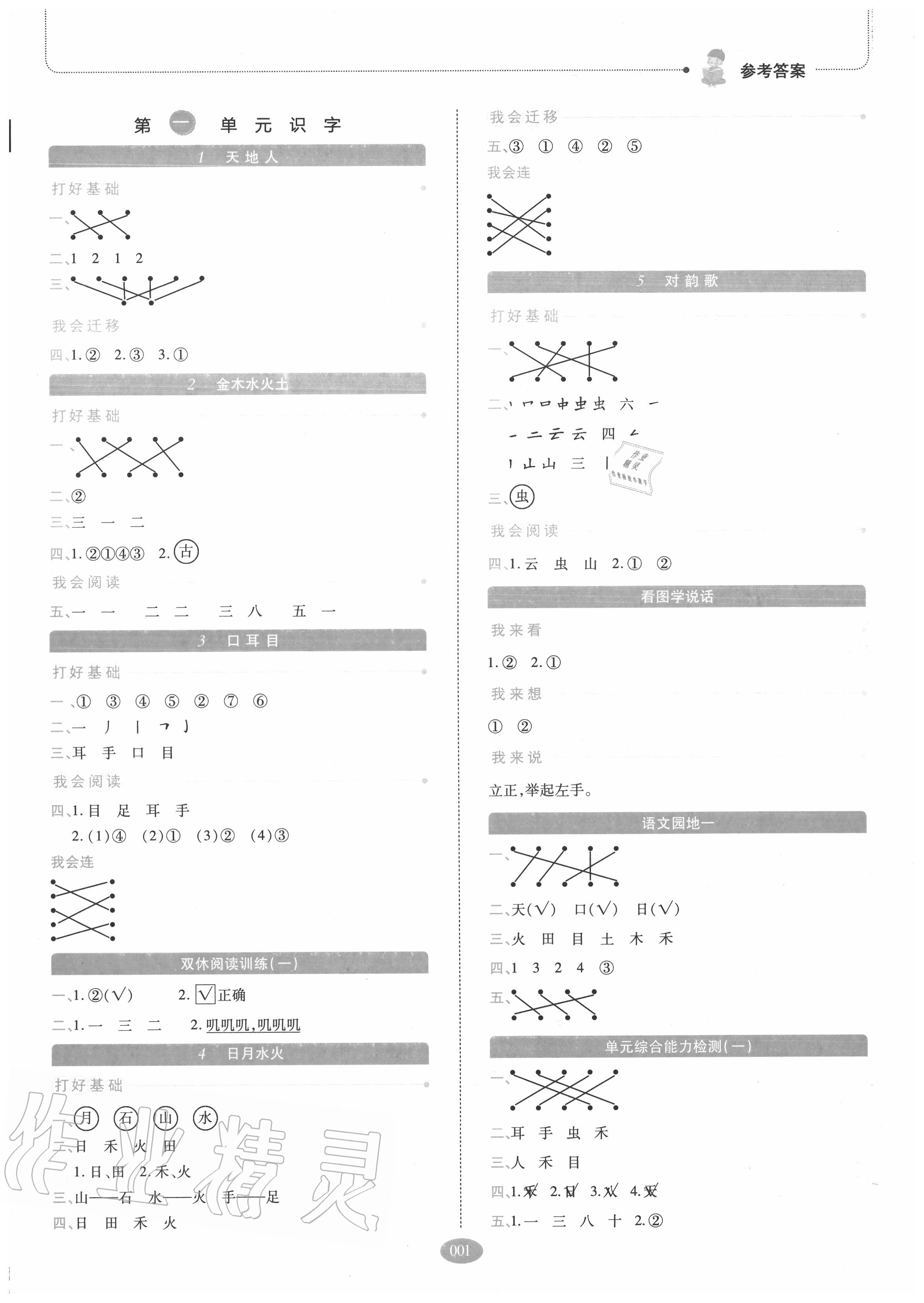 2020年我會(huì)學(xué)板塊式同步練習(xí)小學(xué)語(yǔ)文一年級(jí)上冊(cè)人教版 參考答案第1頁(yè)