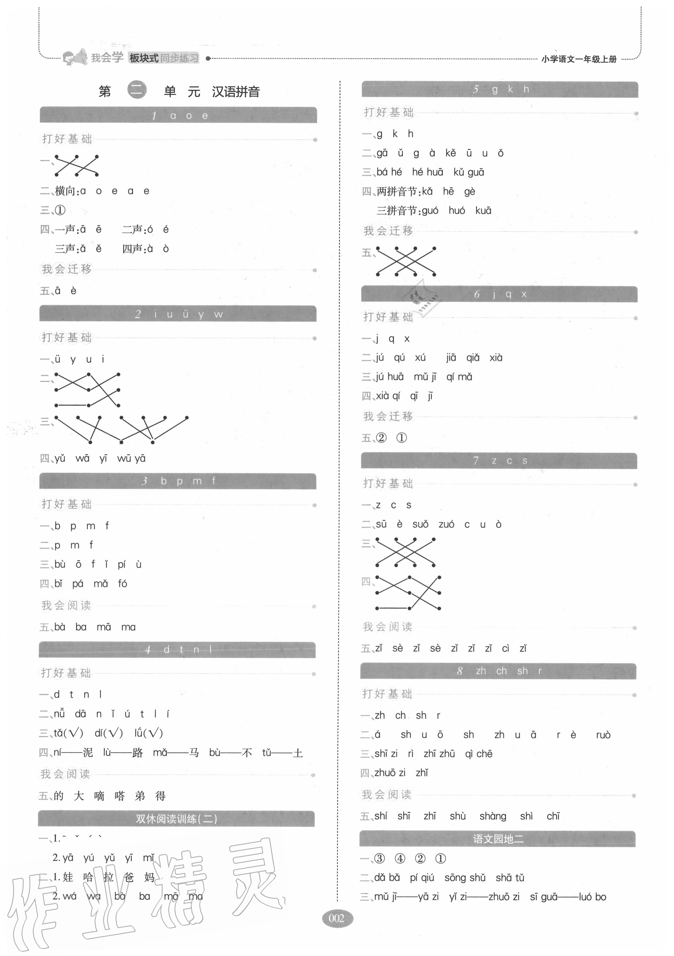 2020年我會學(xué)板塊式同步練習(xí)小學(xué)語文一年級上冊人教版 參考答案第2頁