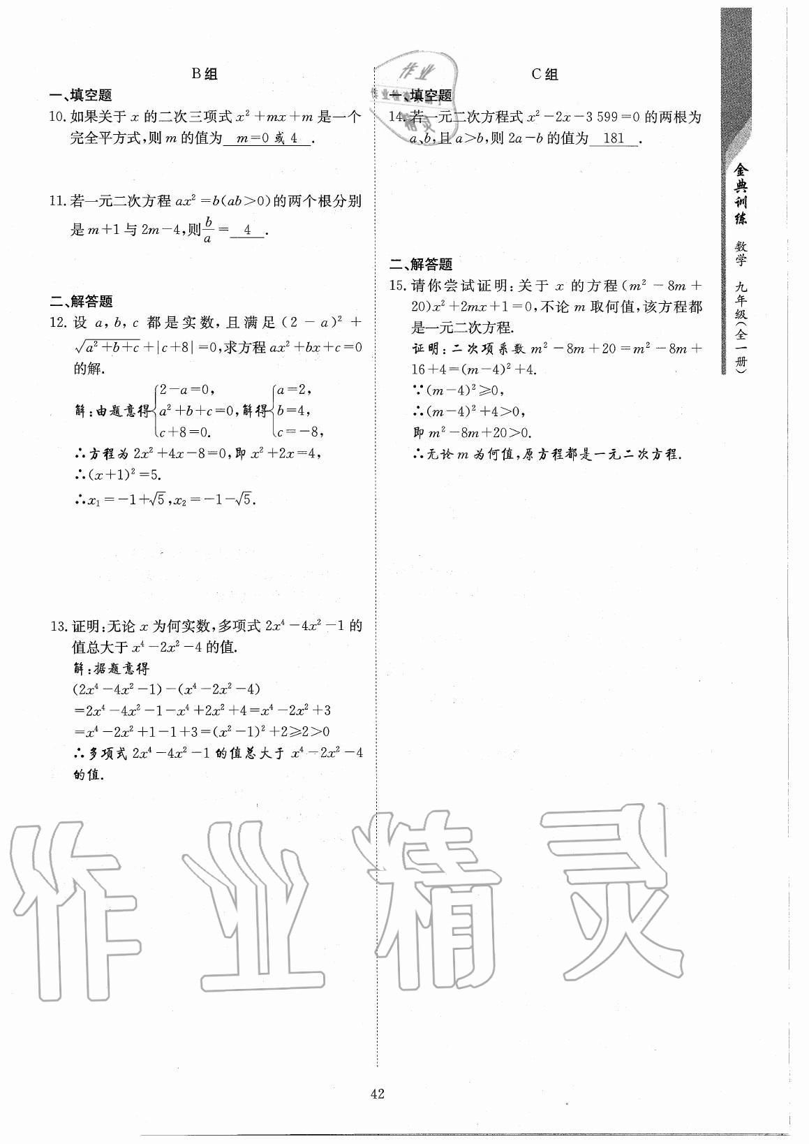 2020年金典训练九年级数学全一册北师大版 参考答案第42页