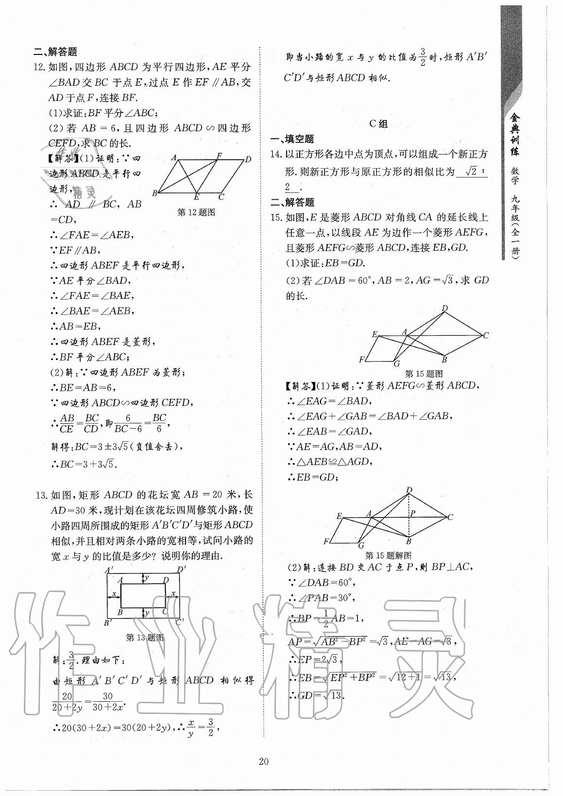 2020年金典訓(xùn)練九年級數(shù)學(xué)全一冊北師大版 參考答案第20頁