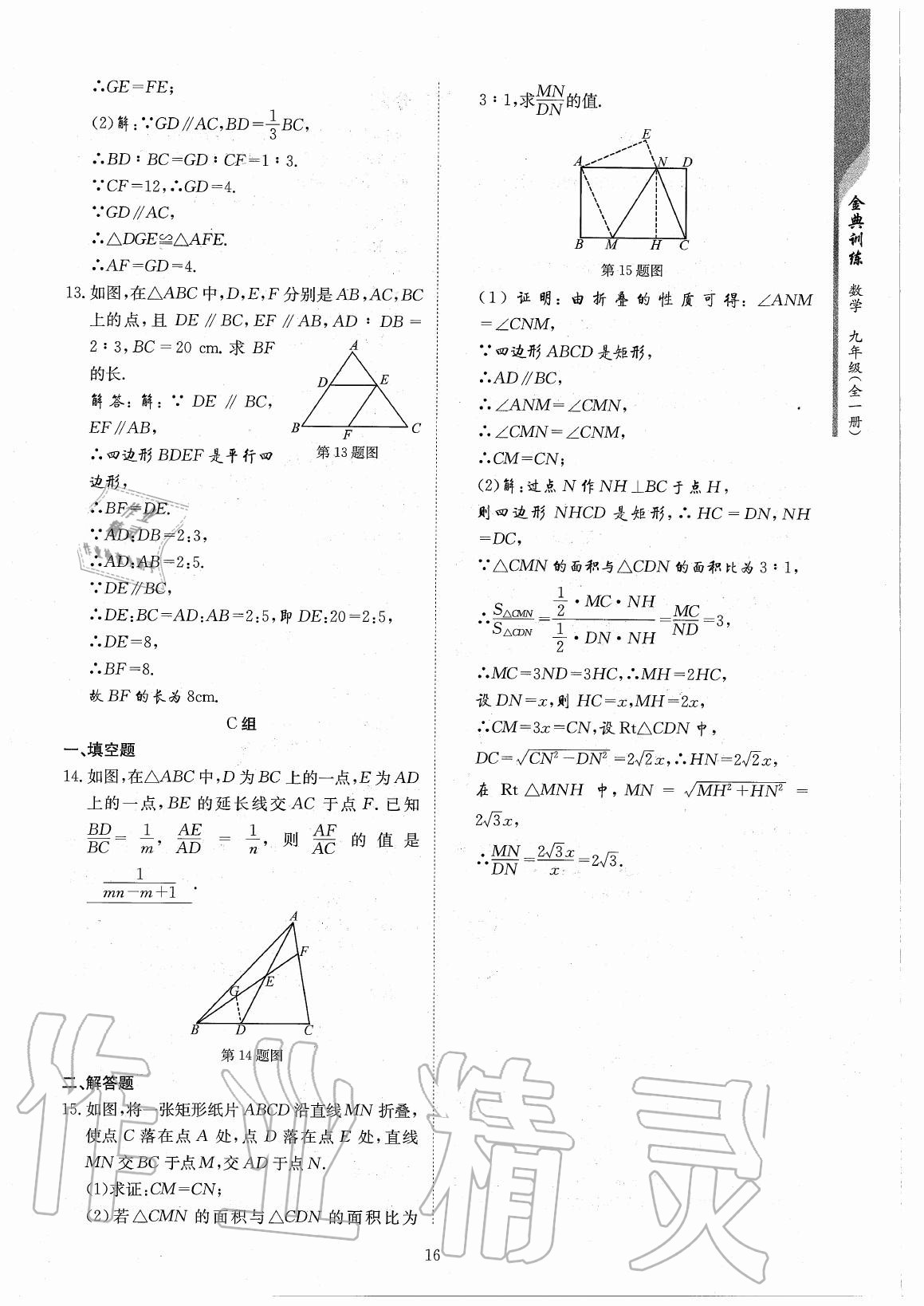 2020年金典训练九年级数学全一册北师大版 参考答案第16页