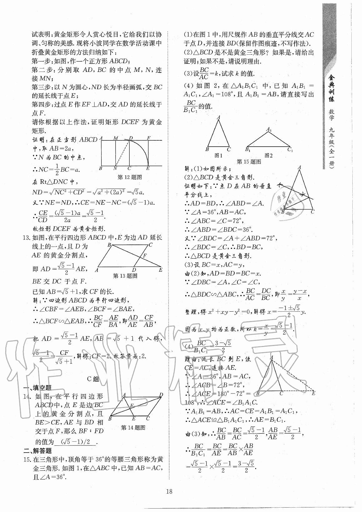 2020年金典训练九年级数学全一册北师大版 参考答案第18页