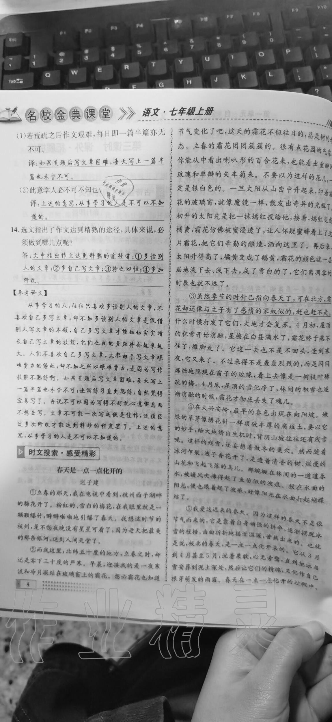 2020年名校金典課堂七年級(jí)語文上冊(cè)人教版成都專版 參考答案第4頁