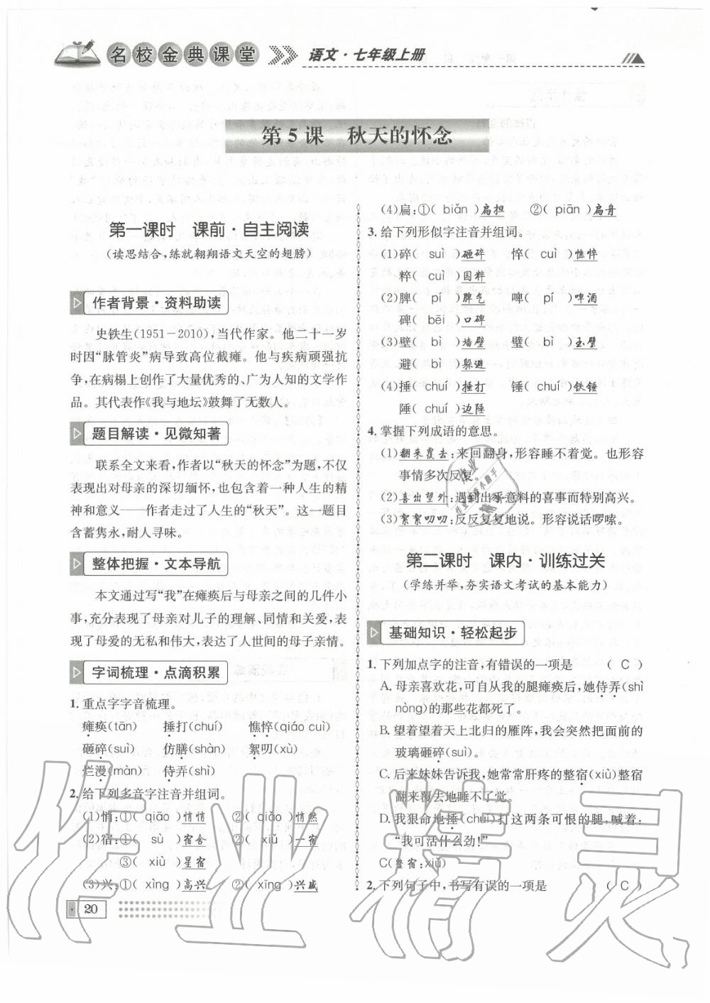 2020年名校金典课堂七年级语文上册人教版成都专版 参考答案第20页